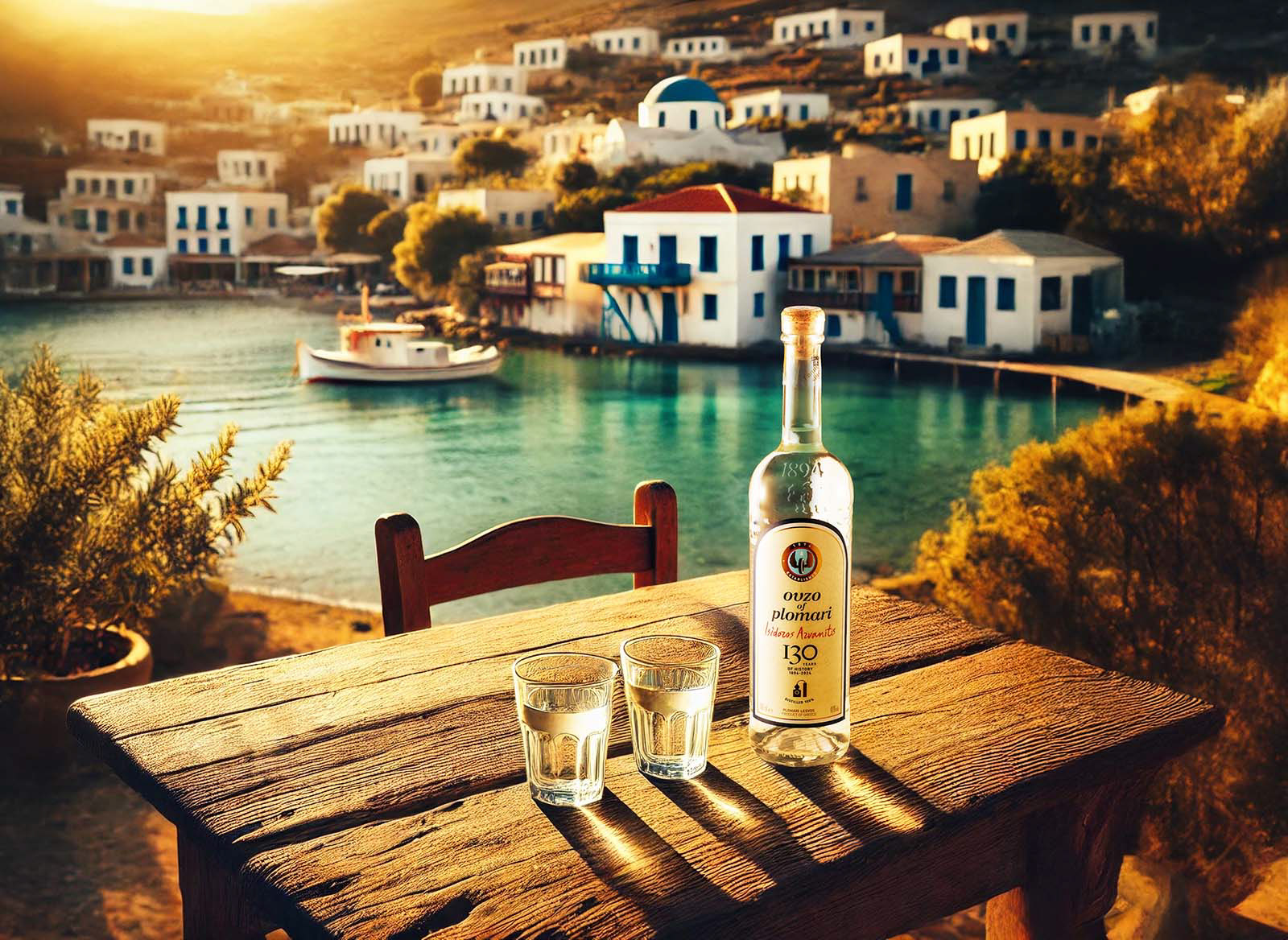 Stimmungsvolle Produktfotografie einer Flasche Ouzo mit KI generiertem Ambiente und griechischem Hintergrund, der ein typisches Dorf und eine idyllische Bucht zeigt. Studio für KI-Produktfotografie in Kronberg im Taunus - Fotograf Klaus Ohlenschläger Frankfurt - Kronberg - Bad Homburg