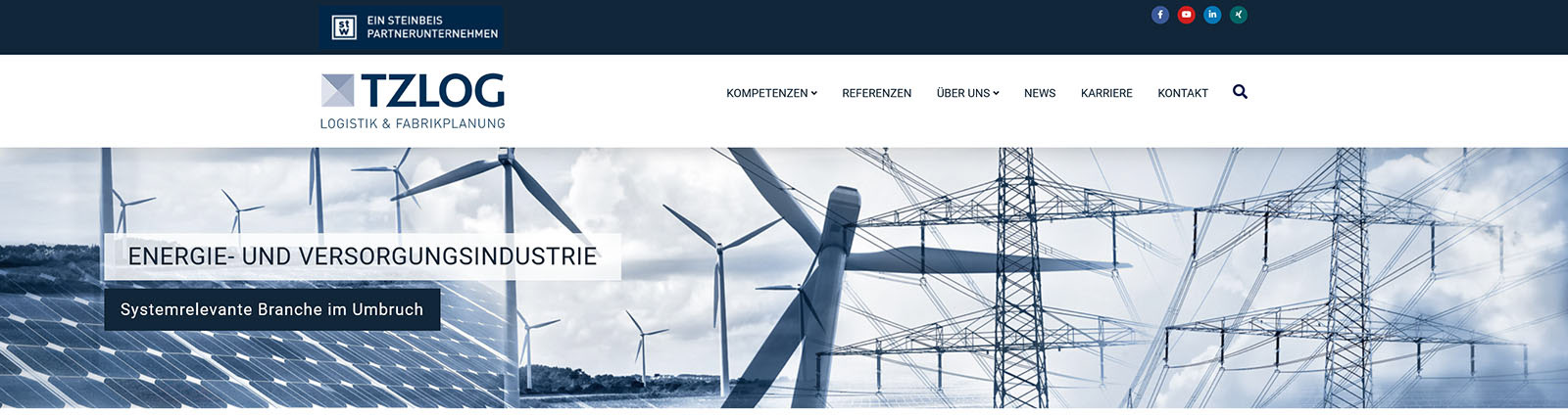 Webseite TZLOG Logistik und Fabrikplanung mit Composing aus Strommasten, Windrädern und Solarmodulen