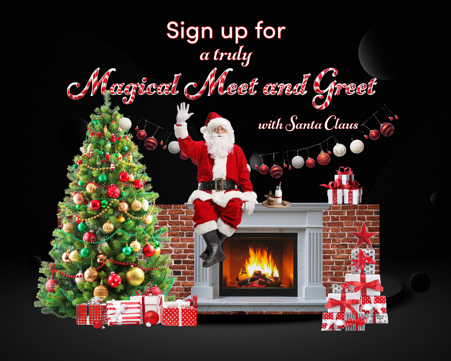 Santa Claus sits on a mantle waving. Next to him are some cookies and Milk, some presents, and a decorated Christmas tree.