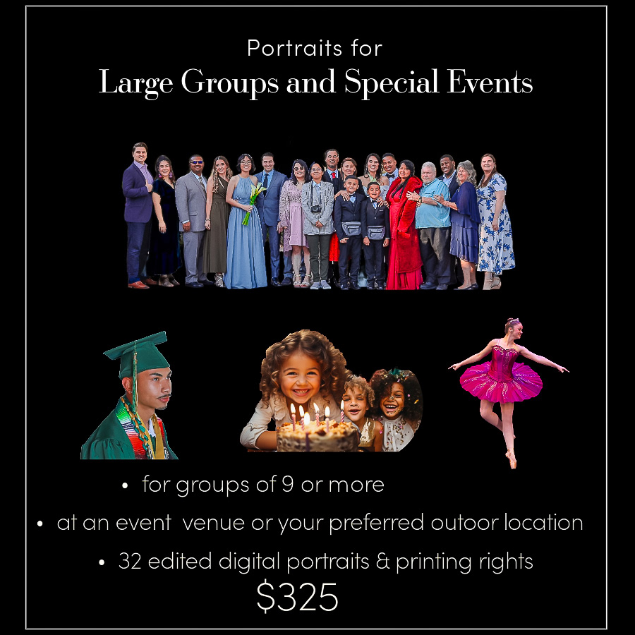 The words portraits for Large Groups and special events" is above a large group of well dressed people, all smiling and embracing. Below is a picture of a graduate in his cap and gown, a little girl blowing out her birthday cake candles, and a ballerina wearing a purple tutu and leotard. Below them reads, "for groups of 9 or more at an event venue or outdoor location." 