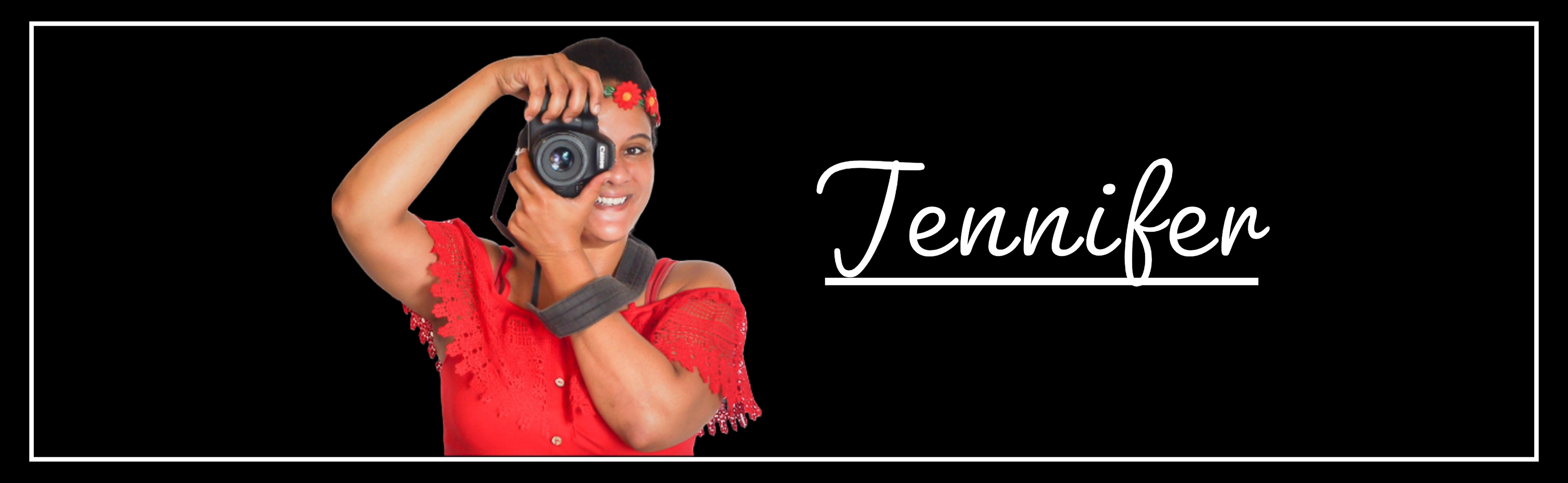Girl smiles as she holds a camera over her left eye. Beside her her name is displayed, Jennifer.