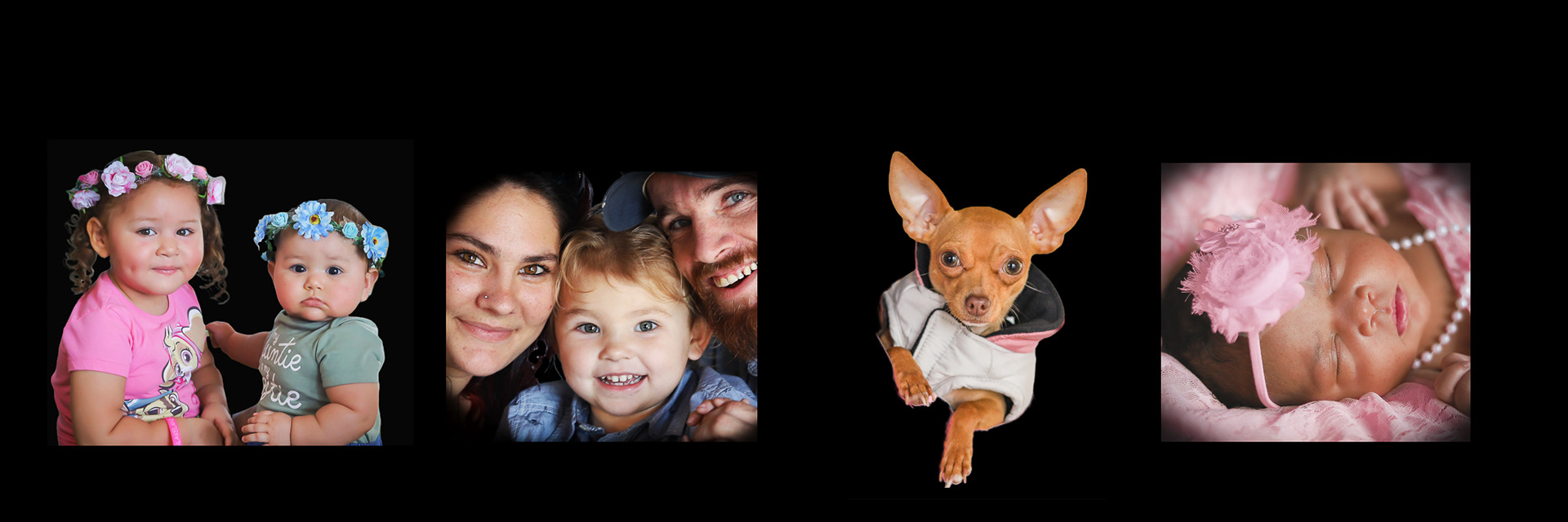 an infant girl sits on a toddler girls lap and they wear matching flower crowns. Nest is a close up of a mom, a baby, and a father. They smile big matching smiles. Nest it a little chihuahua wearing a pink puffy coat. On the far left a newborn sleeps swaddled in pink lace, pearls, and a matching bow.