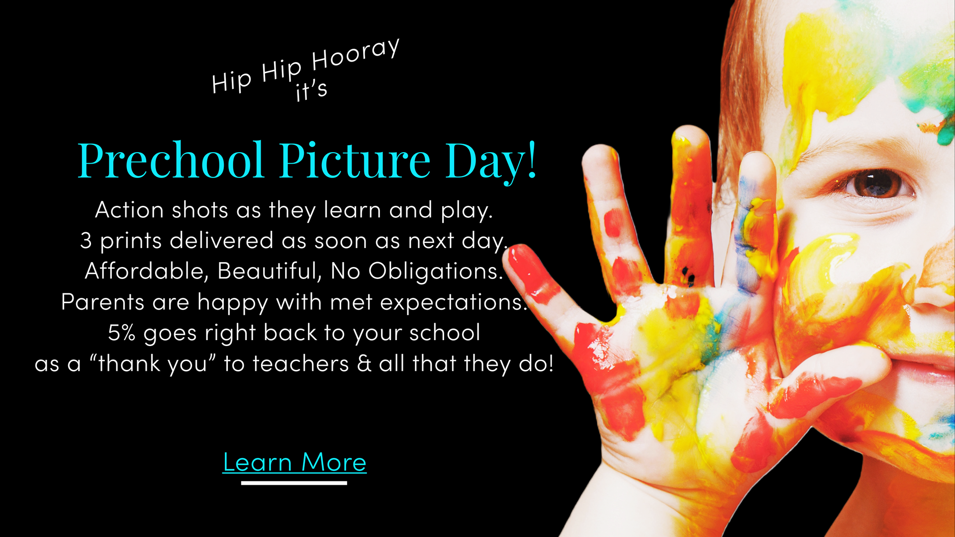Smiling toddler covered in primary colored finger paint in various colors. Holds his little  hand up  by his cheek and waving hello.