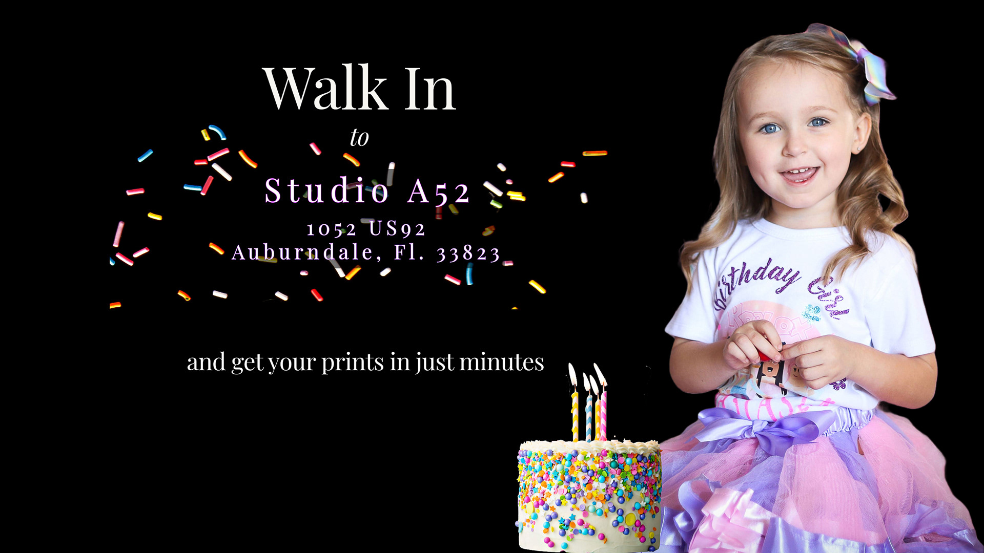 little girl smiles sitting in a purple tutu next to a little cake with 4 candles. The address for walk in portrait sessions is listed as 1052 US 92 Auburndale, Florida 33823
