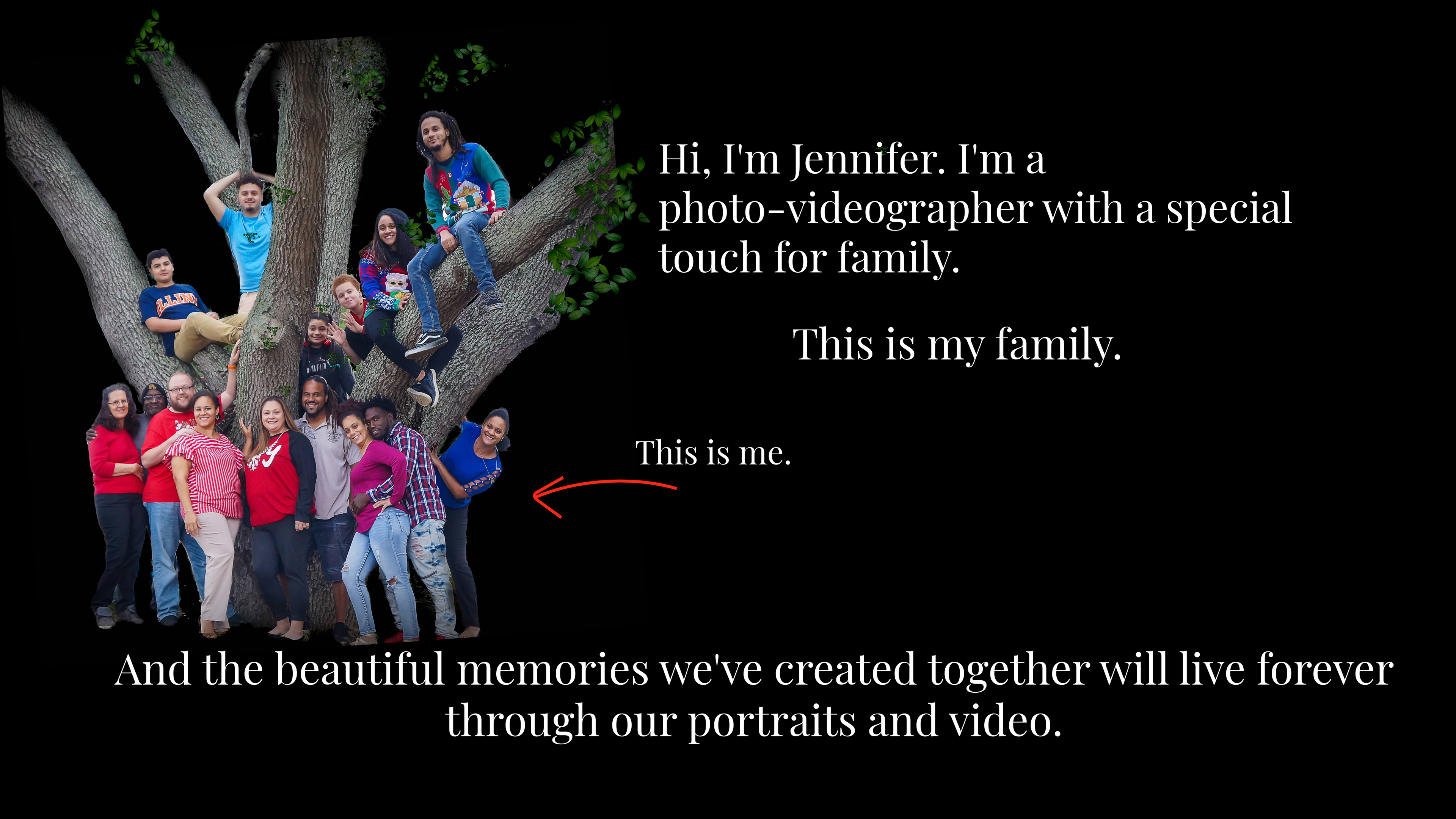 A family of 15 stand around and sit on the branches of a large oak tree. A red arrow points at a girl peeking out from behind the trunk of the tree. Next to the arrow the girl's name is displayed, Jennifer. 