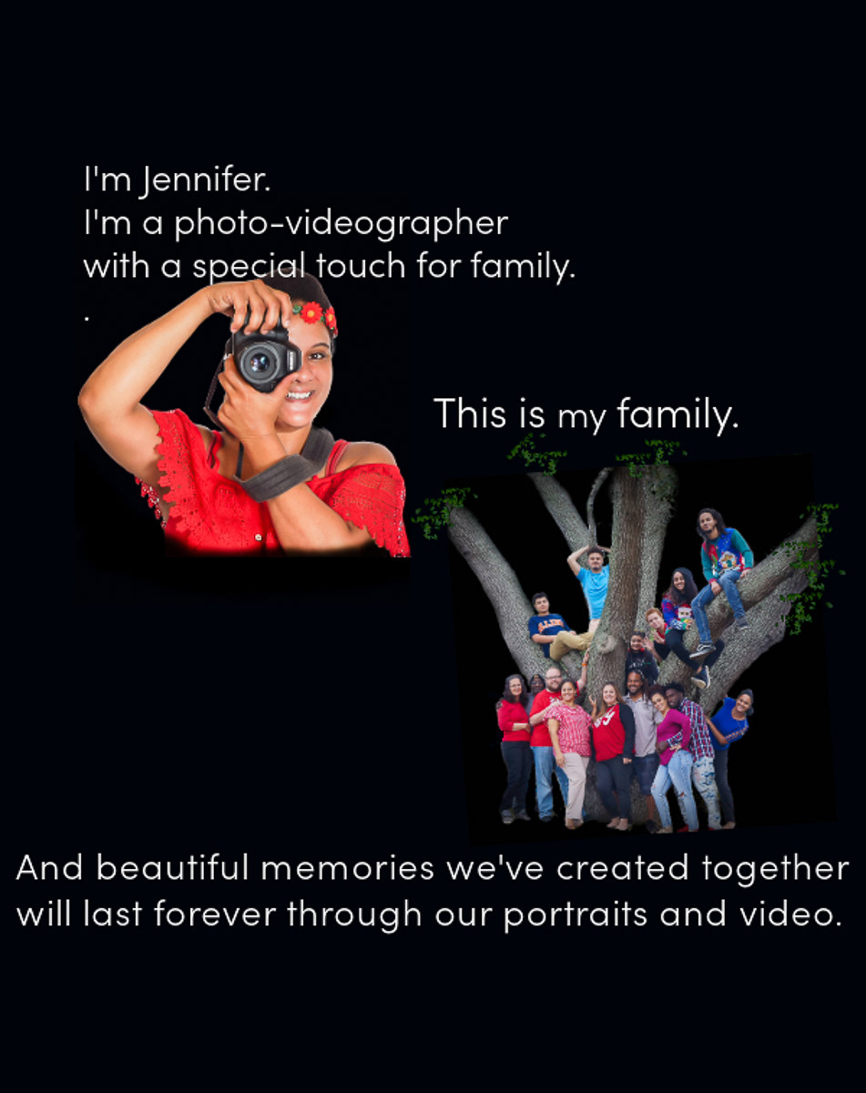 Smiling woman holds a camera over her eye. Text above her reads, "I'm Jennifer. I'm a photographer and videographer of family. Next to her a photograph of her and her family of 14 sit on and standing around a large oak tree. They all wear big smiles.