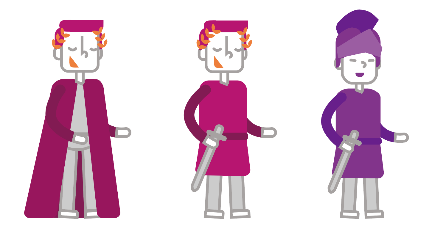 Links: Illustration Kaiser Caesars (2Varianten), rechts: ein Soldat