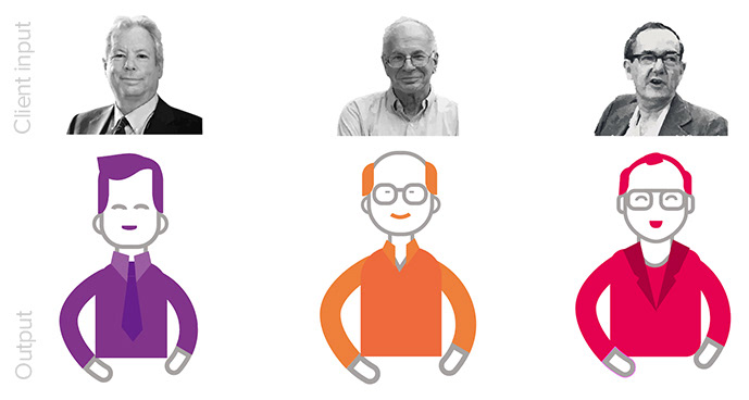 Illustration dreier Nobelpreisträger. Oben: Vorlage, unten: Ausarbeitung