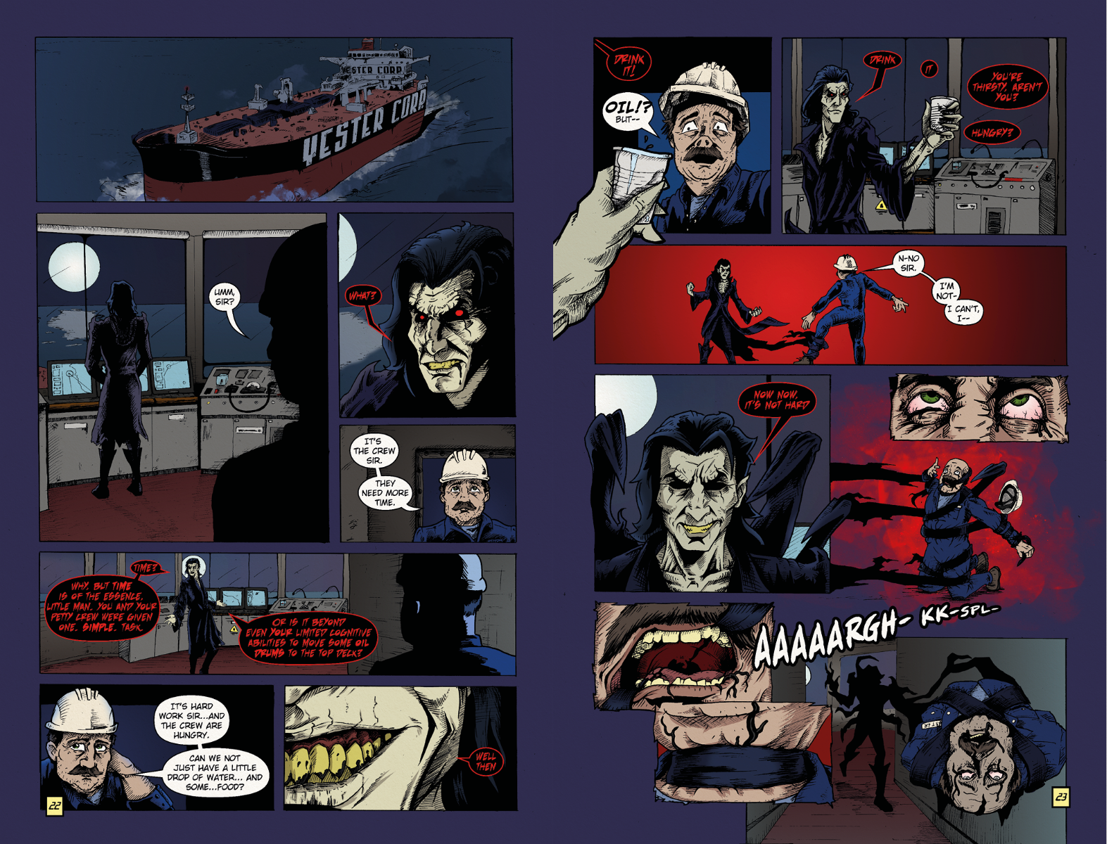 Issue 1 pages 22 and 23. Inked traditionally, coloured digitally.