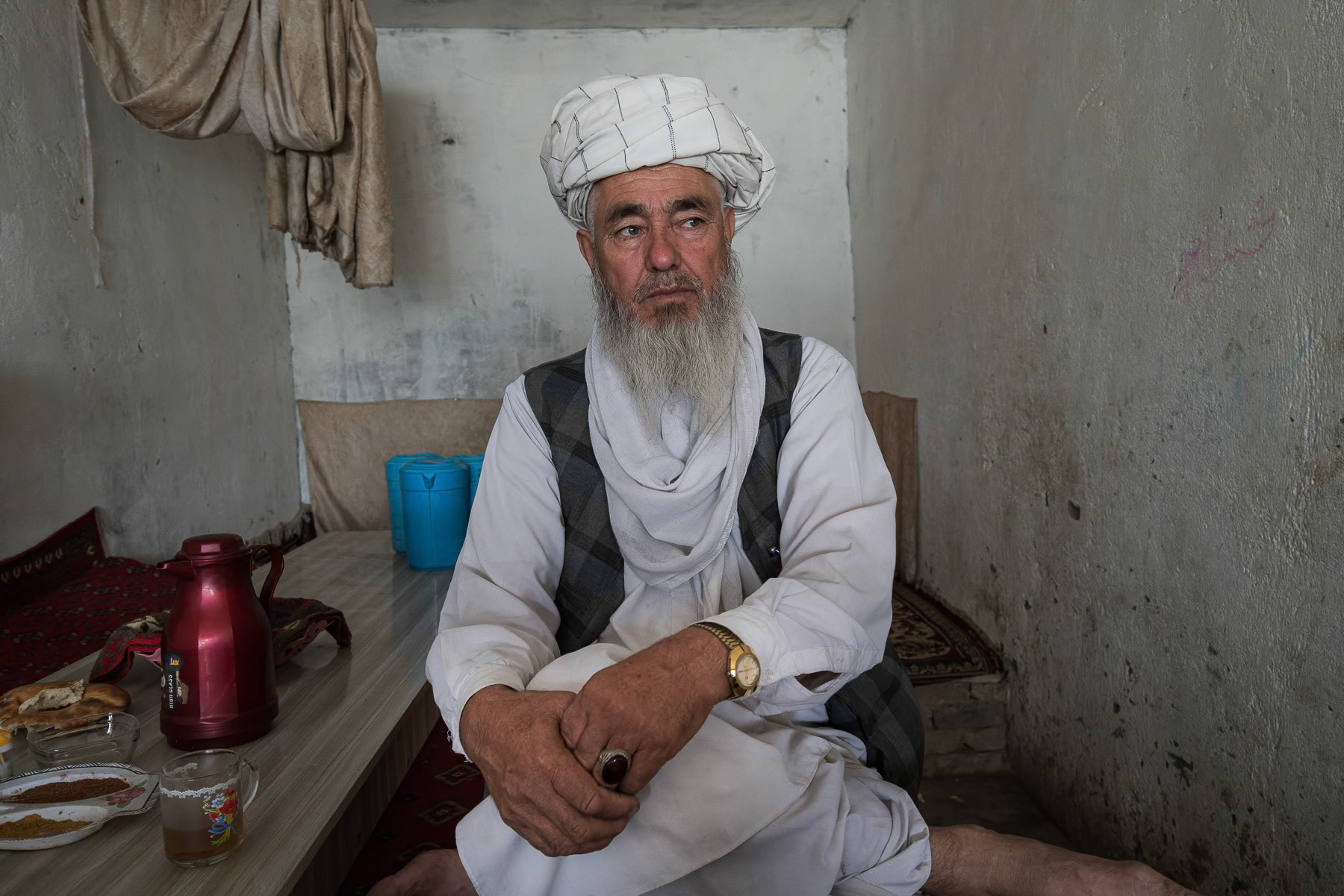 Abdul Hamid from the Turkmen minority in northern Afghanistan in a tea shop. Boyni Qara, Sulgara Valley in Balkh, Afghanistan, September 2024