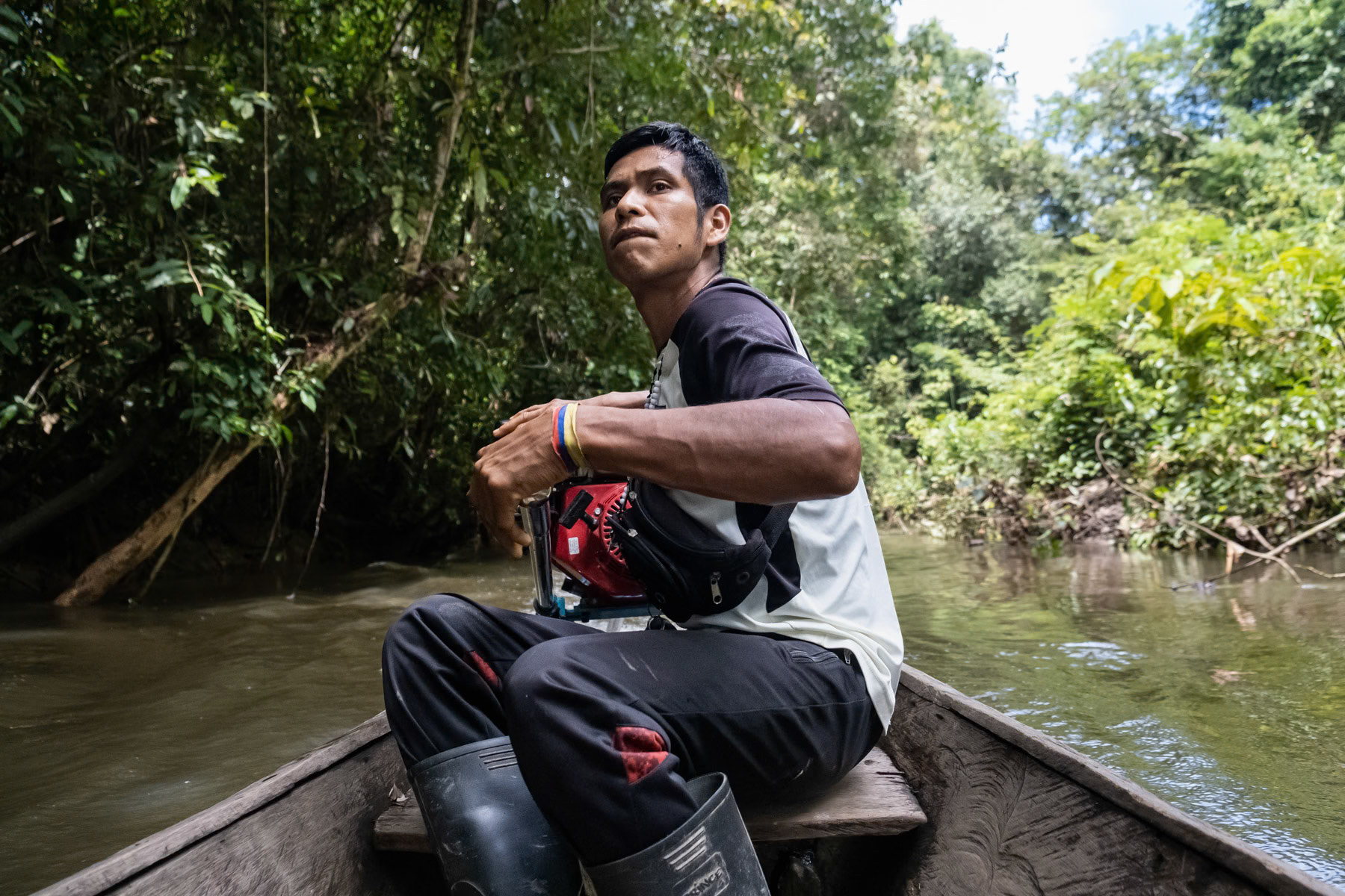 Boat transport between remote Amazonian communities as no roads exist. Despite the logistic and accessibility problems, their lands are better protected against external abuse and exploitation of the natural resources. Pocama community in Amazonian district of Letica in southern Colombia, April 2022