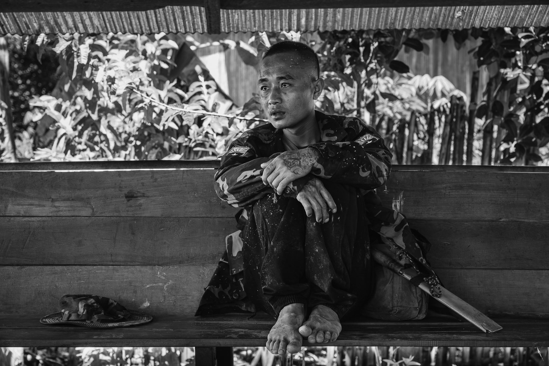 Karen National LIberation Army (KNLA) soldier taking a rest after returning from the frontline. Karen State, Myanmar, September 2024