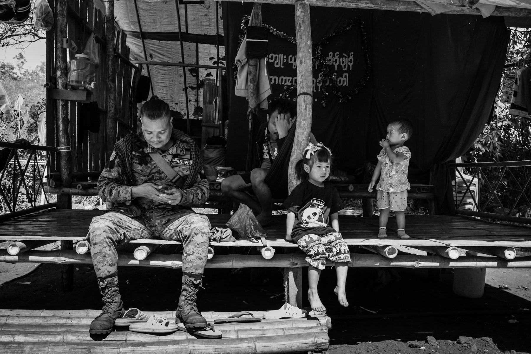 Unit commander of the KNLA at an IDP camp in Kanele, Kayin State, Myanmar, January 2024