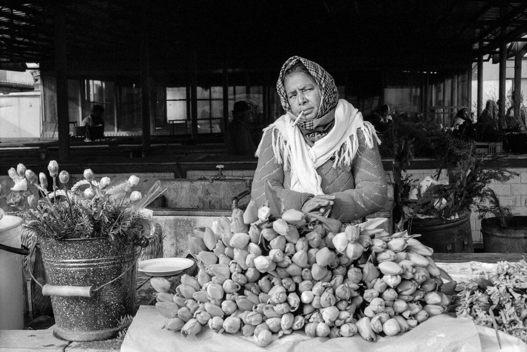 Roma woman at the flower market in Bucharest, Romania, April 1991
