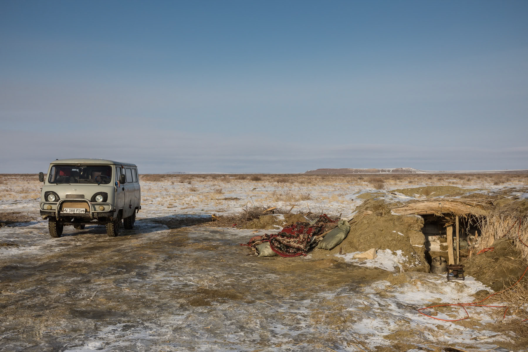 A fishermen base camp on the Aral Sea. Fishermen from surrounding villages and further away would come here and stay for about 3 months to do ice fishing on the Sea. Kazakhstan, January 2019