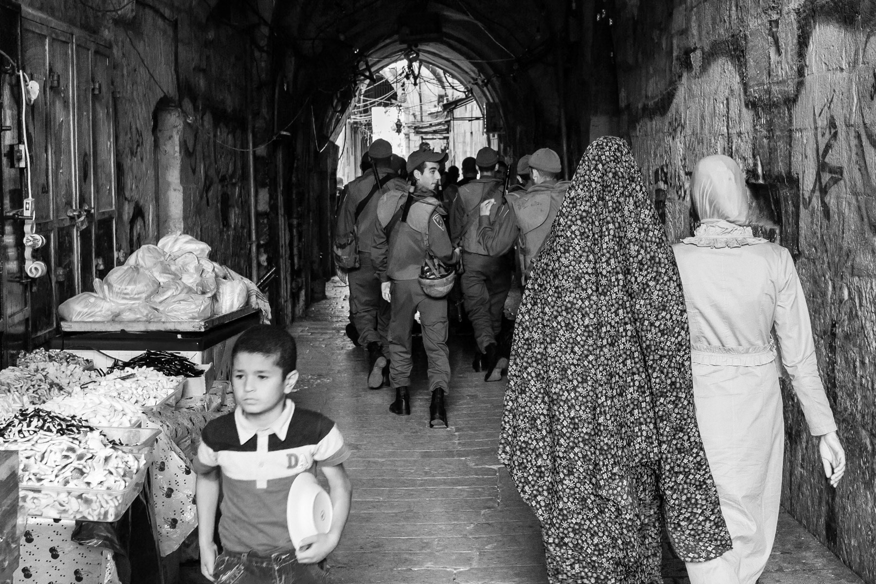 Israeli army patrol in the alleys leading to Al-Aqsa mosque, Jerusalem Old City, July 2013