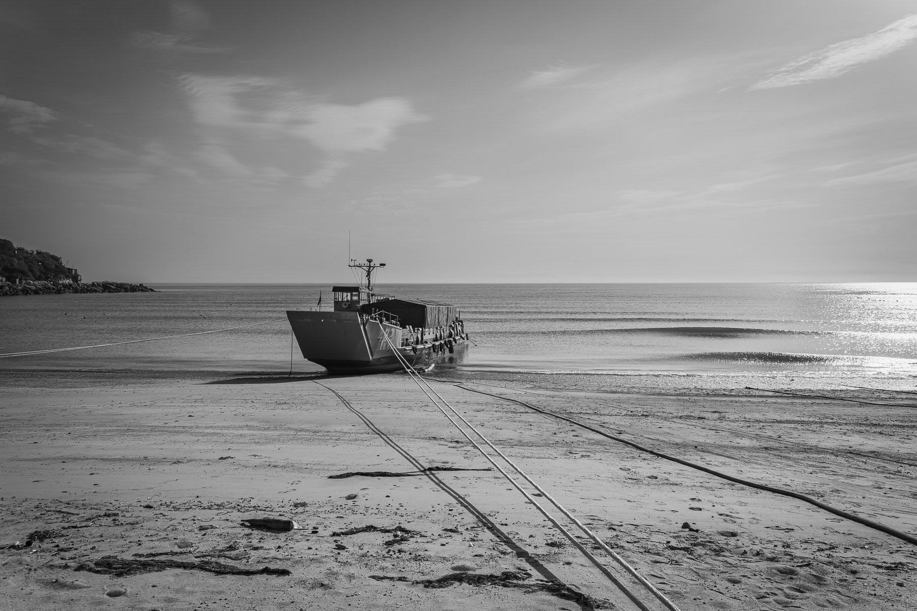 These landing boats, ever-ready on the shore, underscore the islands' strategic importance. Fuwo beach, Matsu Islands, Taiwan, May 2025