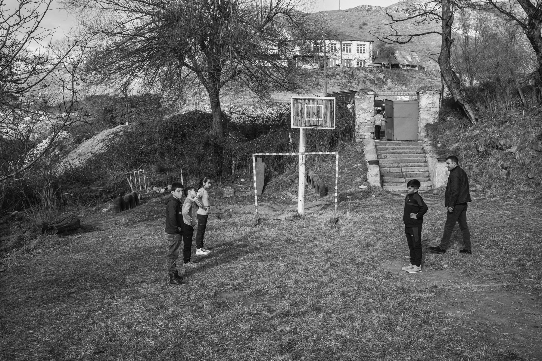 Children during basic military drill and excercise at school. Nngi village, Nagorno-Karabakh, January 2021