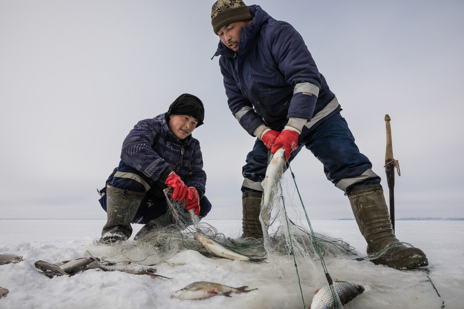Fishermen at work on the Aral Sea during the ice fishing season. Kazakhstan, January 2019