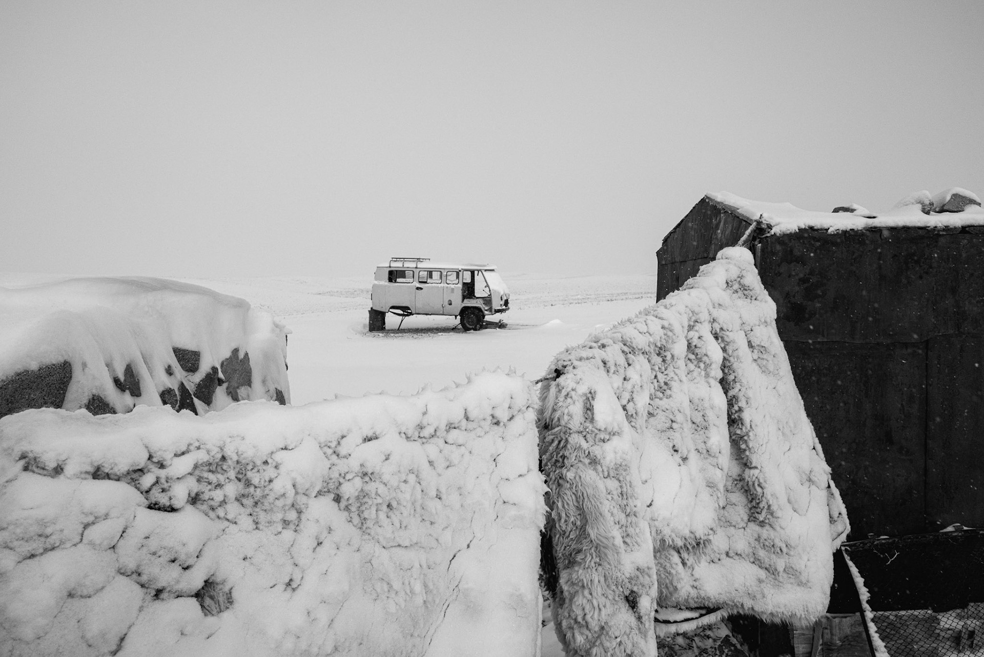 Herder's camp in remote location of the vast Gobi desert in Mongolia, December 2025