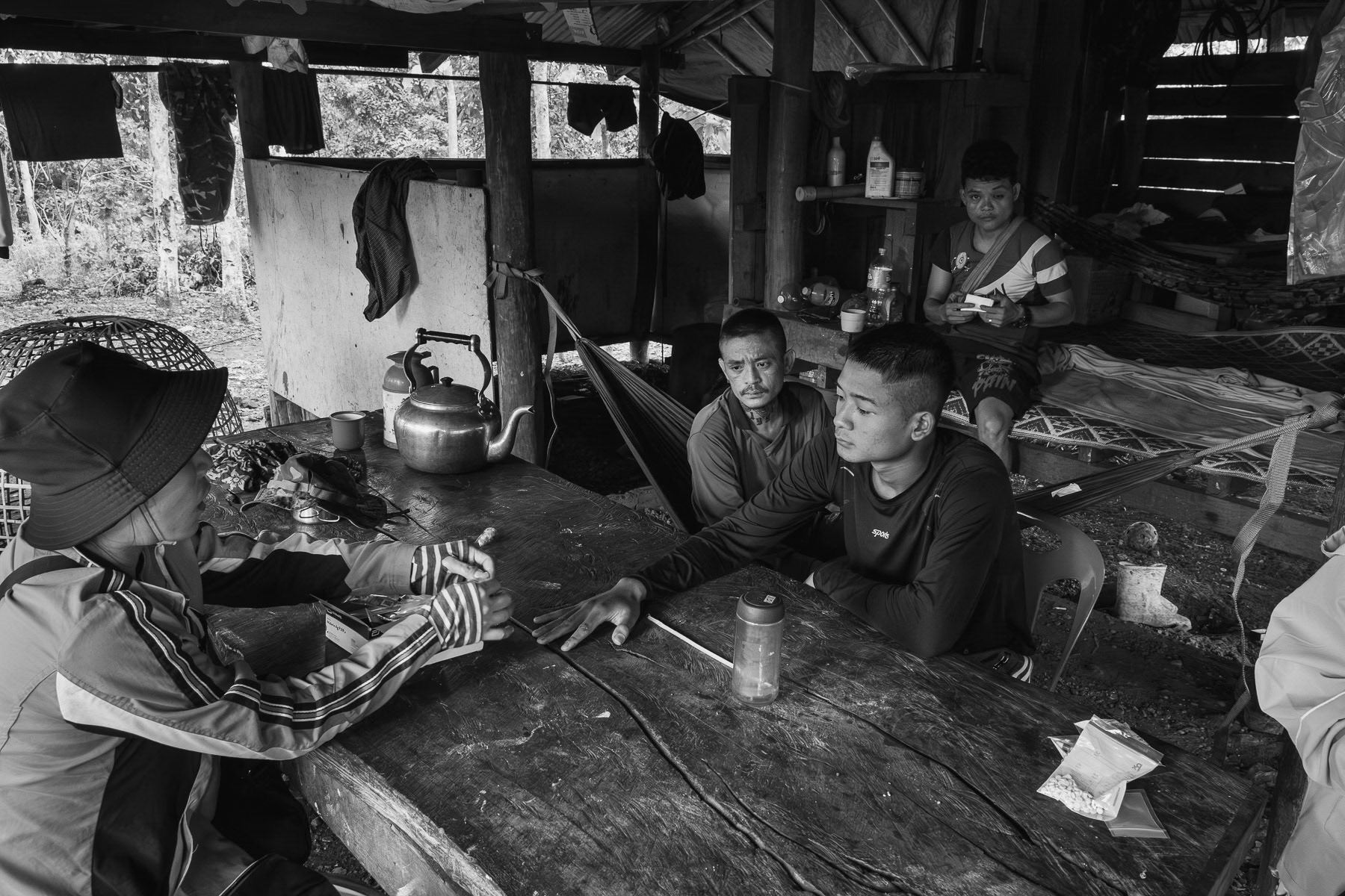 Malaria testing being carried out for Karen National Libaration (KNLA) soldiers on the frontline. Ka Ban Ye Plaw outpost, Kanele in Karen State, Myanmar, September 2024
