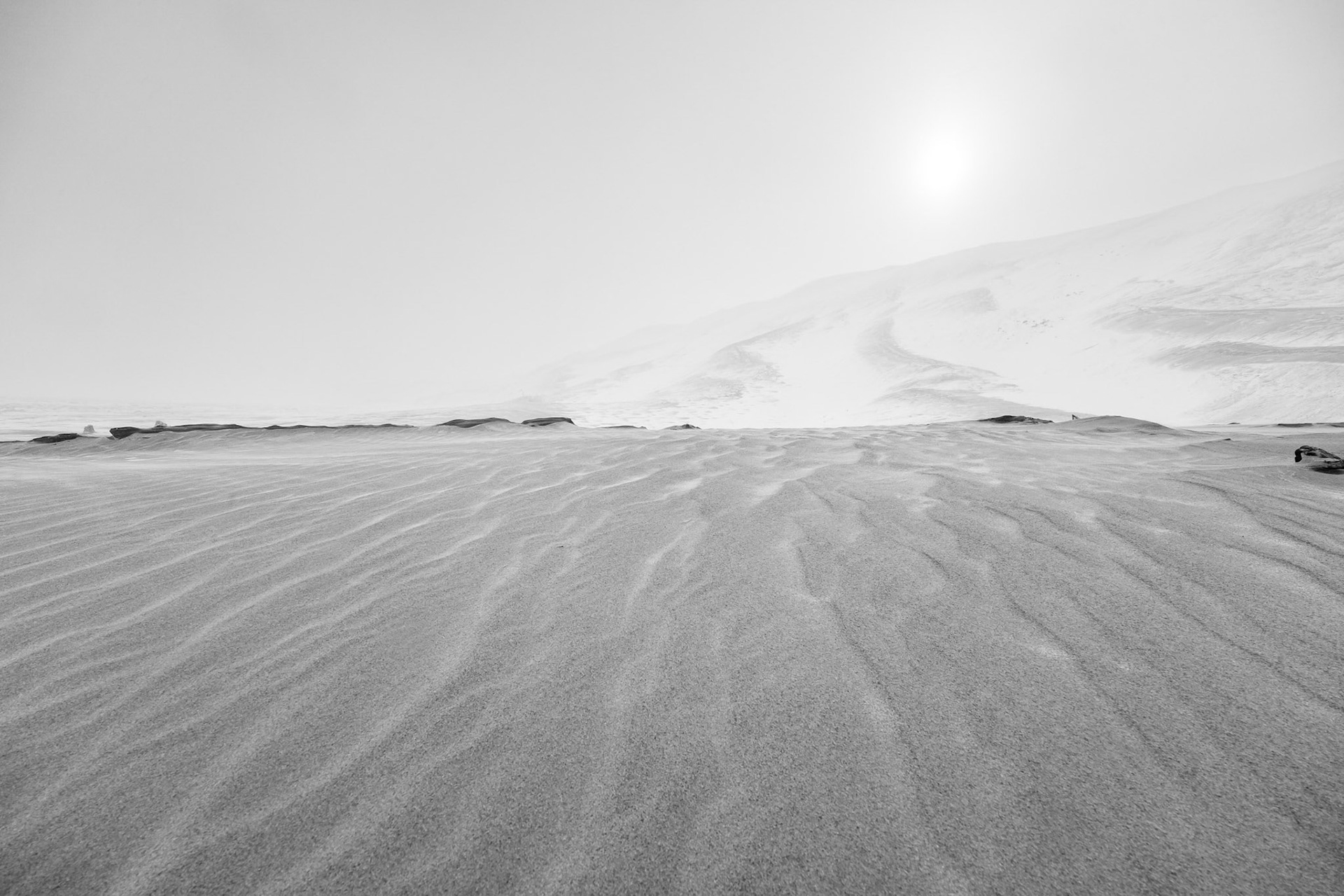 Wind-carved patterns in the sand and snow at the base of the Khongor dunes. Mongolia, December 2025