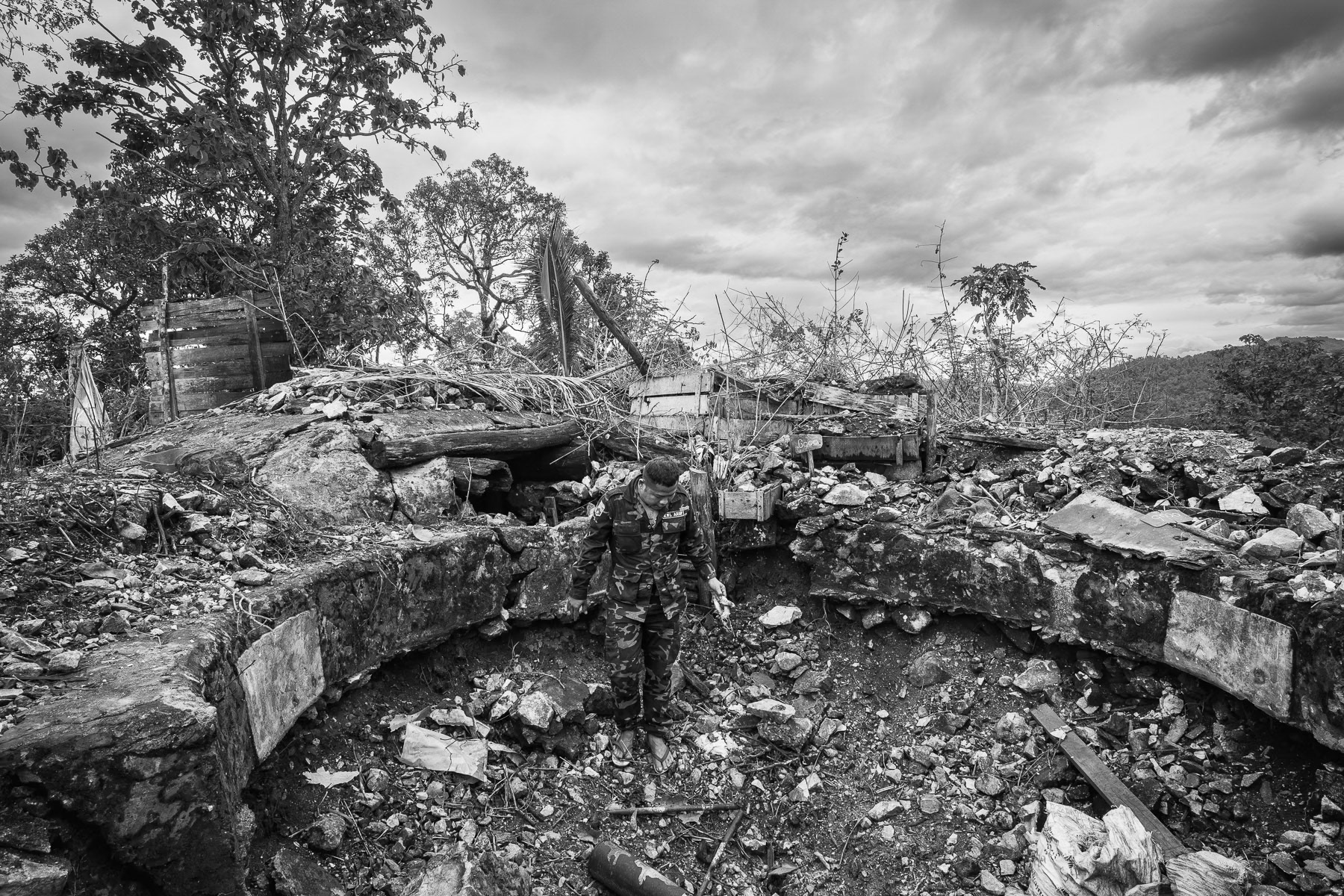 This former State Administration Council military base, home to 120mm artillery, drone jammers, and snipers, was taken by the KNLA at Kanele on May 28, 2025. Karen State, Myanmar