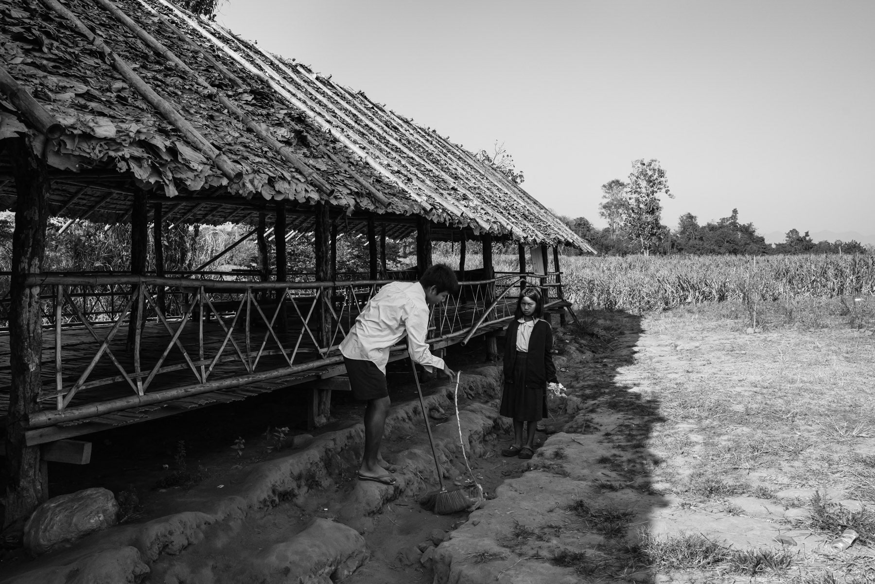 Class room temporarly not used for fear of airstrikes. Instead children are divided in small groups and study under trees or houses to be better protected in case of shelling. Kayin State, Myanmar, January 2024