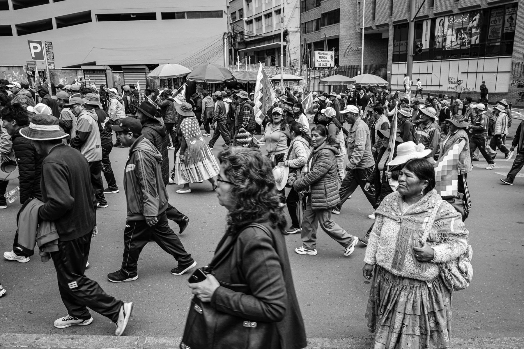 Pro-Morales demonstrators in downtown La Paz. The elected President, Evo Morales, fled the country after losing support from the military. A conservative government has taken control by appointing the speaker of the Senate as interim President of the country. La Paz, Bolivia, November 2019