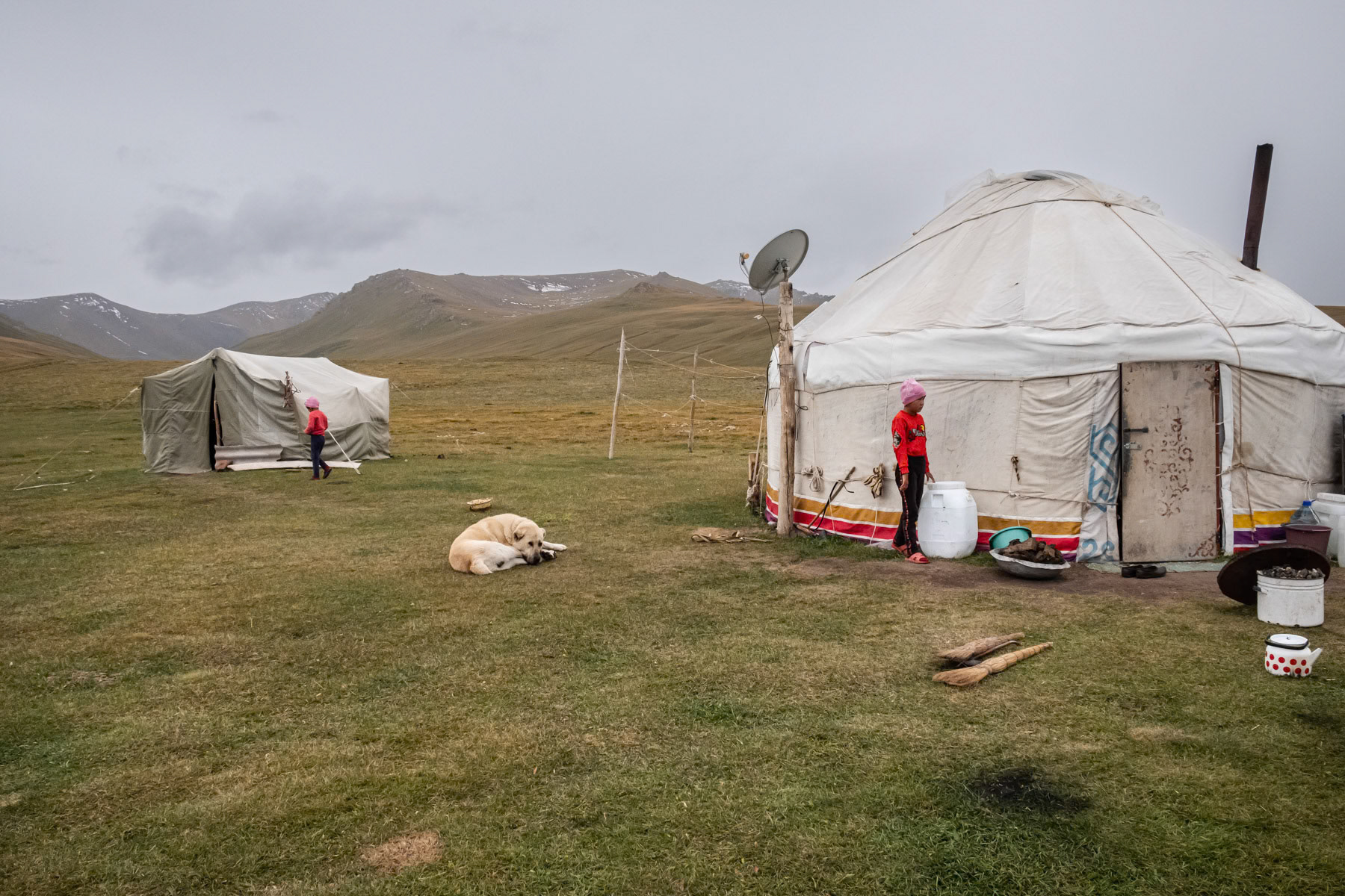 Children staying with their parents for about 3 summer months at high altitude along the shore of Son Kul Lake where they breed horses and sheep. During the remaining of the year they live down the valley near the Naryn river. Son Kul Lake, Kyrgyzstan, August 2021
