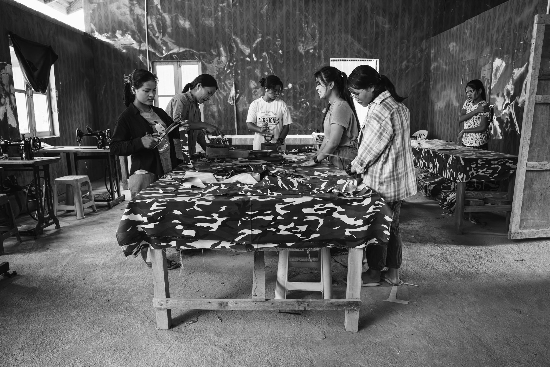 Production of uniforms for the Chin National Army (CNA). CNA HQ, Camp Victoria, Chin State, Myanmar, April 2024