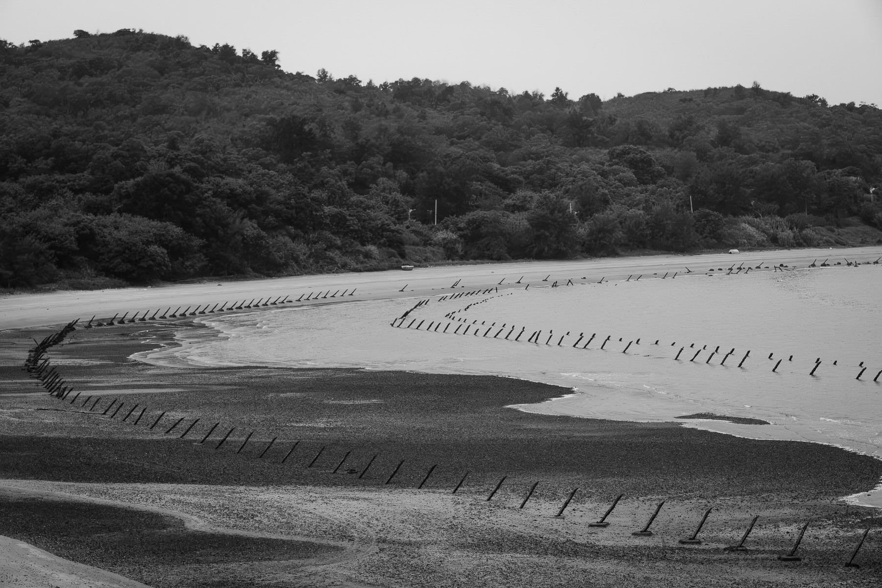 Iron sticks pierce Kinmen's beaches, a stark defense against potential landings. Lieyu, Kinmen island, Taiwan, May 2025