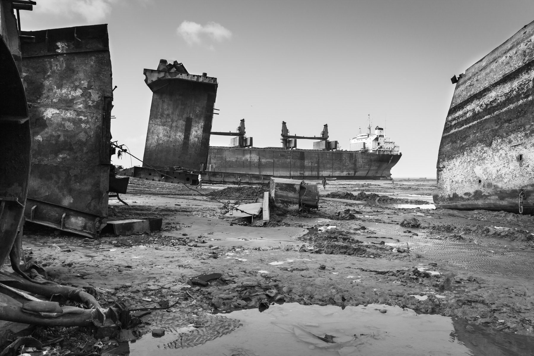 Cut-off ship parts waiting to be reduced to smaller pieces and recycled, Ship-Breaking yards in Sainbolt, Chittagong, Bangladesh, June 2015