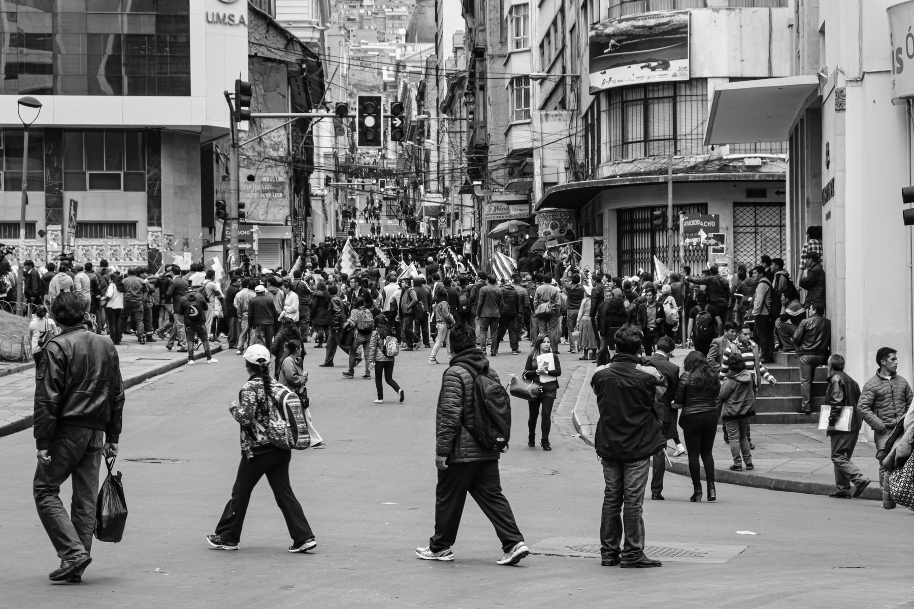 Pro-Morales demonstrators in downtown La Paz. The elected President, Evo Morales, fled the country after losing support from the military. A conservative government has taken control by appointing the speaker of the Senate as interim President of the country. La Paz, Bolivia, November 2019