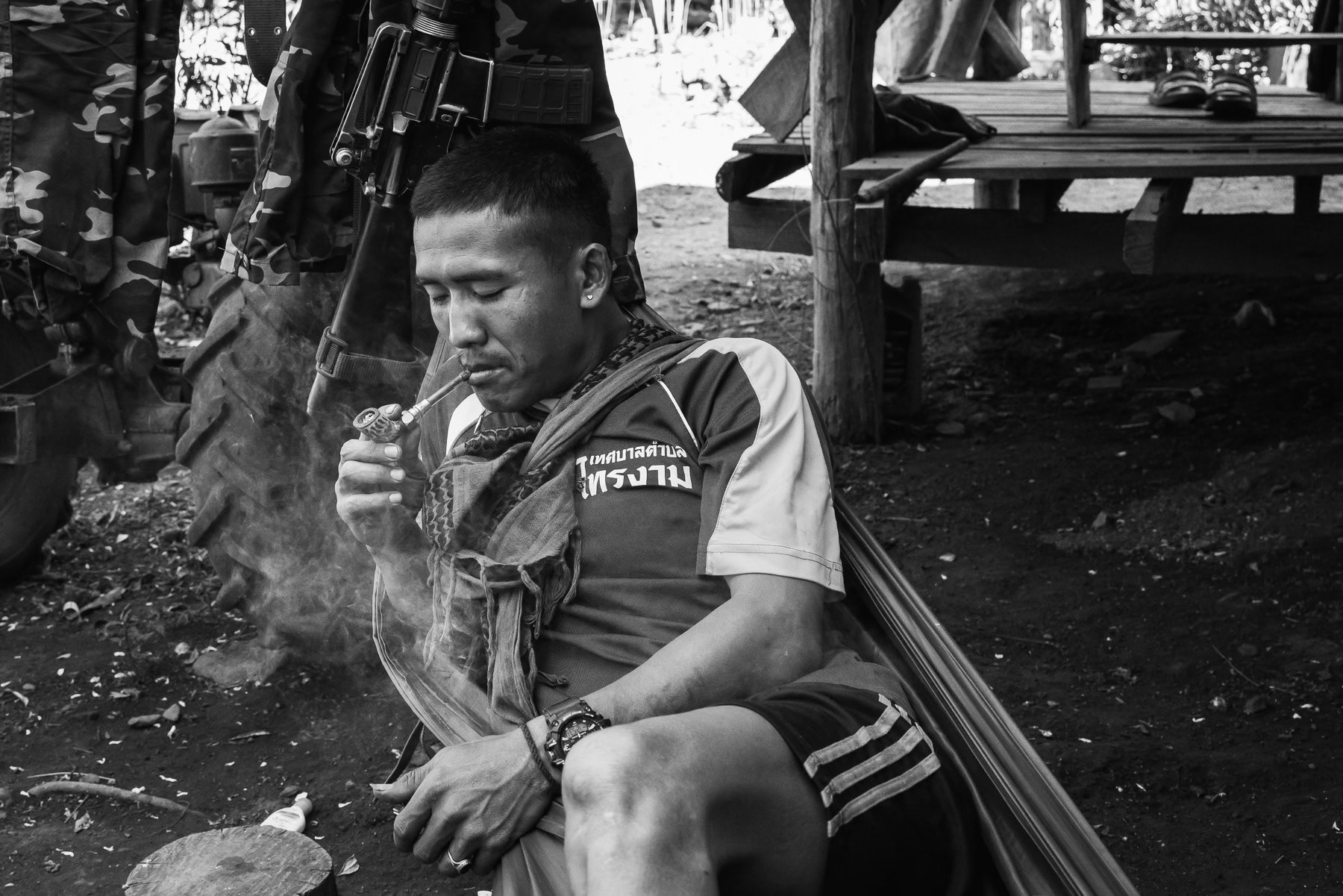 Soldier of the Karen National Liberation Army at an outpost near the frontline. Kayin State, Burma, January 2025