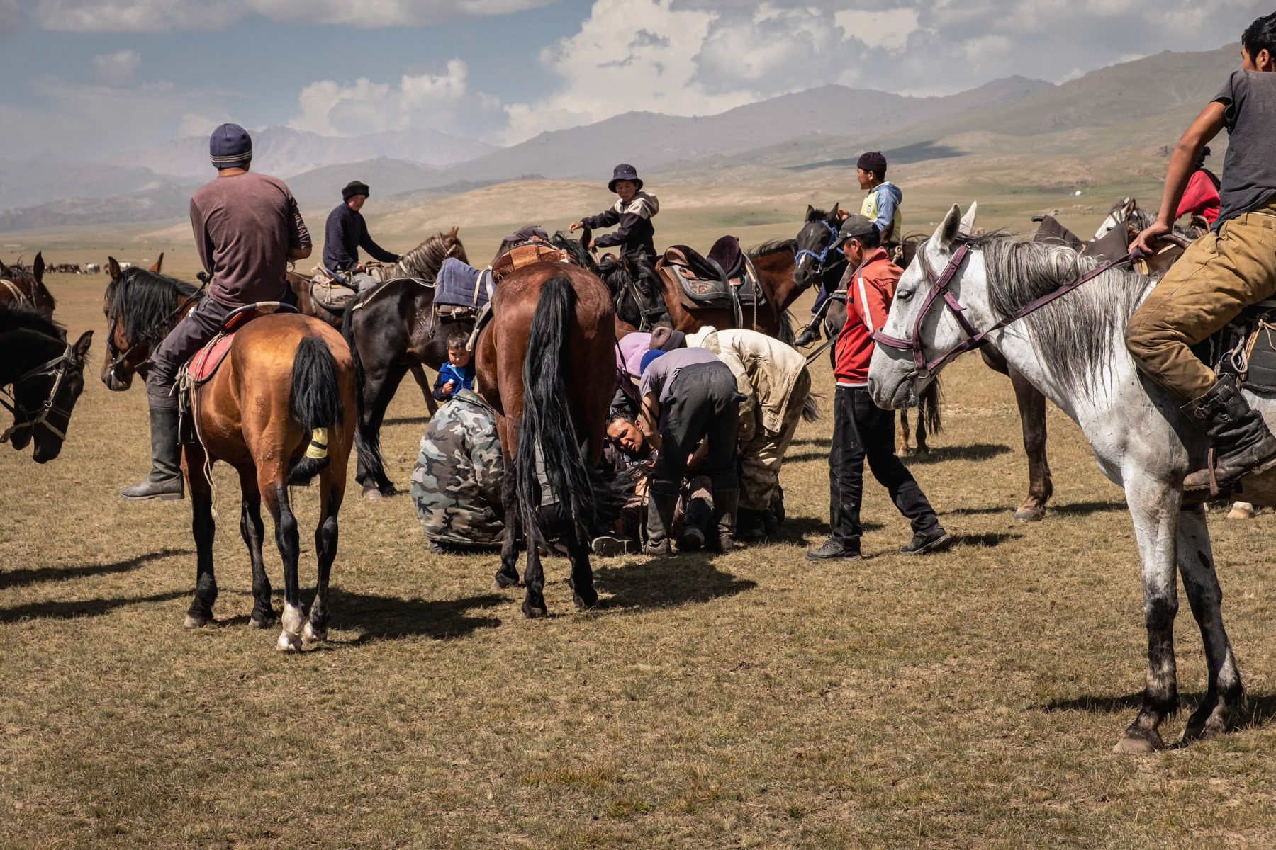 One Kok Boru player left semi conscious after falling off his horse and being stampeded. Kok Boru can be quite violent and dangerous and severe injuries and death do occur occasionally. Kok Boru is a traditional horseback game consisting of dropping a dead goat carcass in the opponents' goal. In Kyrgyzstan and generally Central Asia and Afghanistan it is considered a national sport and very popular. Son Kul Lake, Naryn region, Kyrgyzstan, August 2021