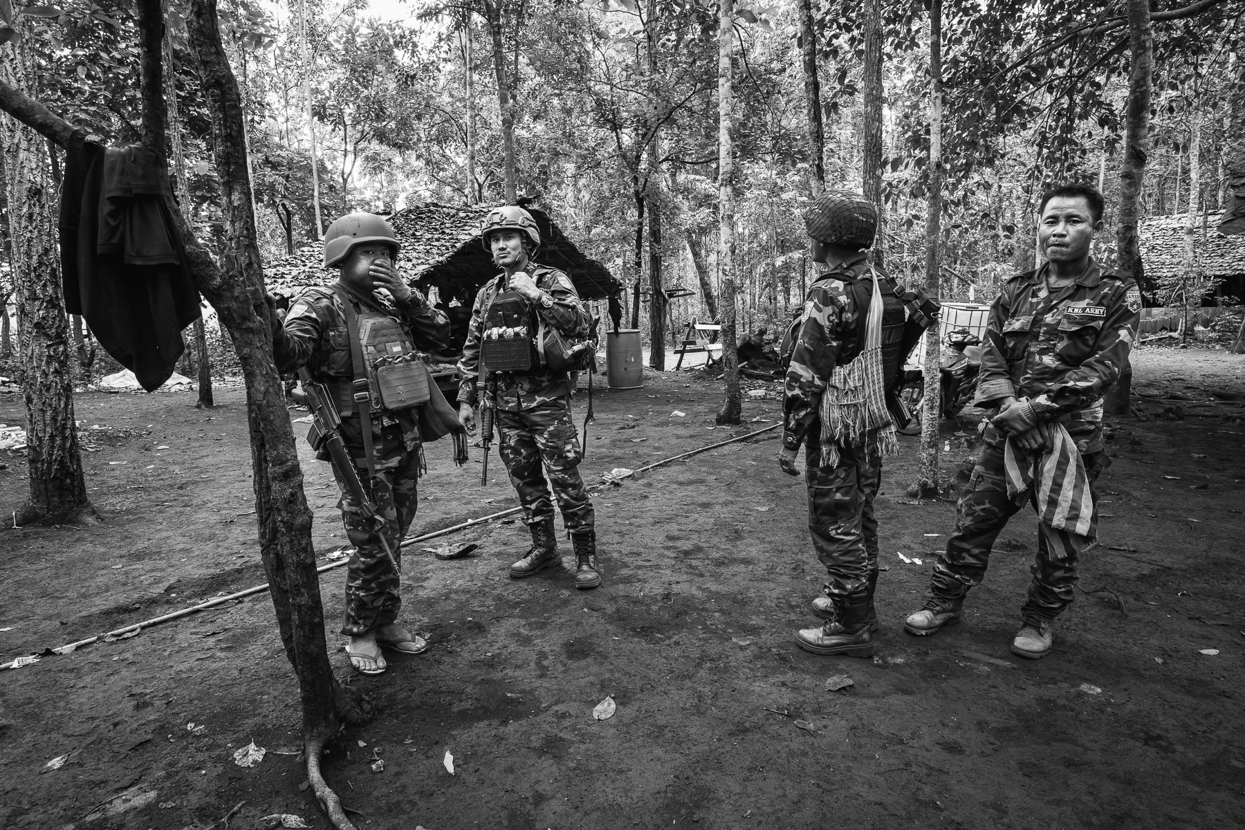 KNLA soldiers getting ready to go to the frontline. Kanele zone, Karen State, Myanmar, June 2025