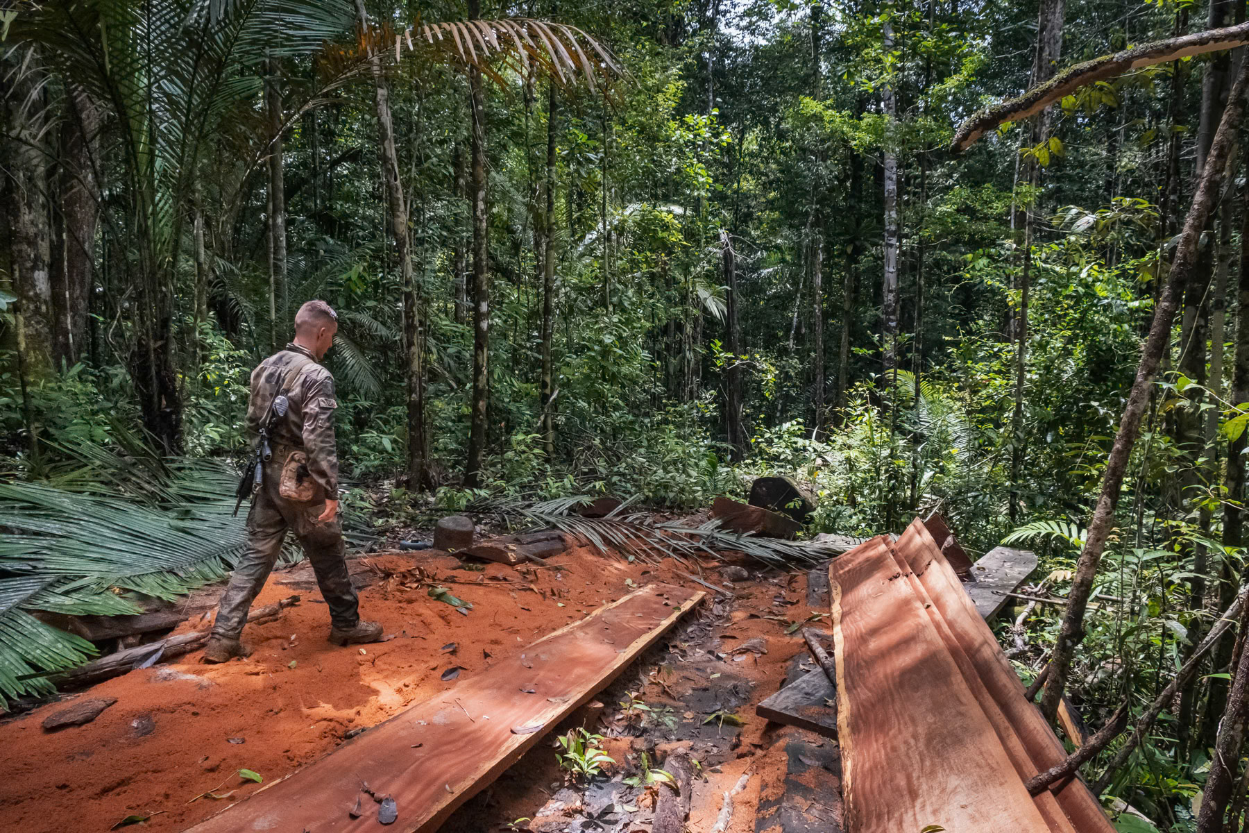 A French military part of 'Opération Harpie', established to fight illigal gold mining in French Guyana. Abandonned site of an illigal mining operation in the Amazon along the Surinam border. Maroni, French Guyana, March 2022