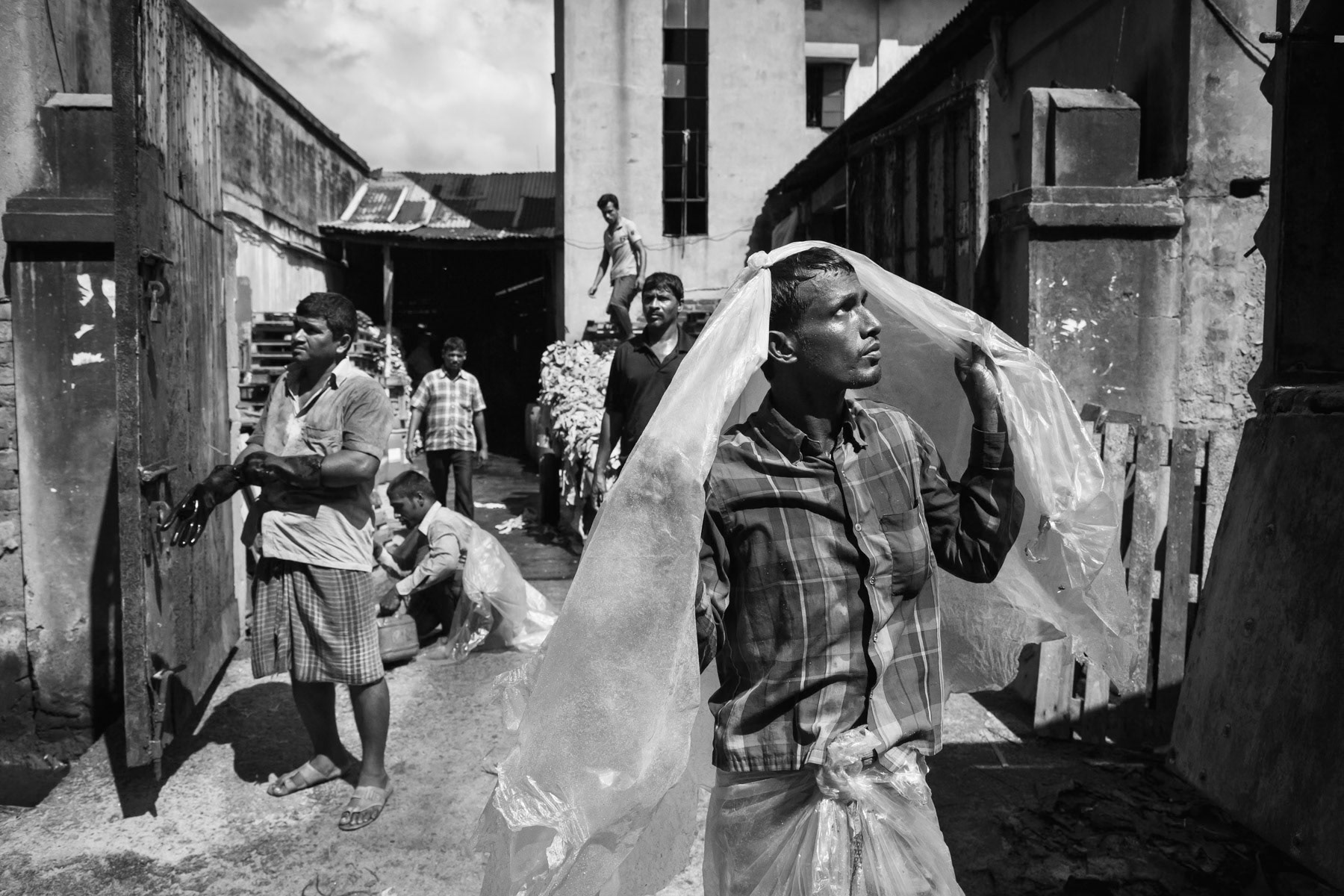 Tannery worker unloading a shipment of untreated animal skins, Hazaribagh, Bangladesh, October 2014