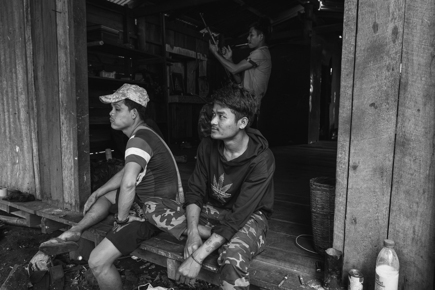 Karen National Liberation Army (KNLA) soldiers at their barracks. KNLA outpost in Kayin State, Myanmar, September 2024