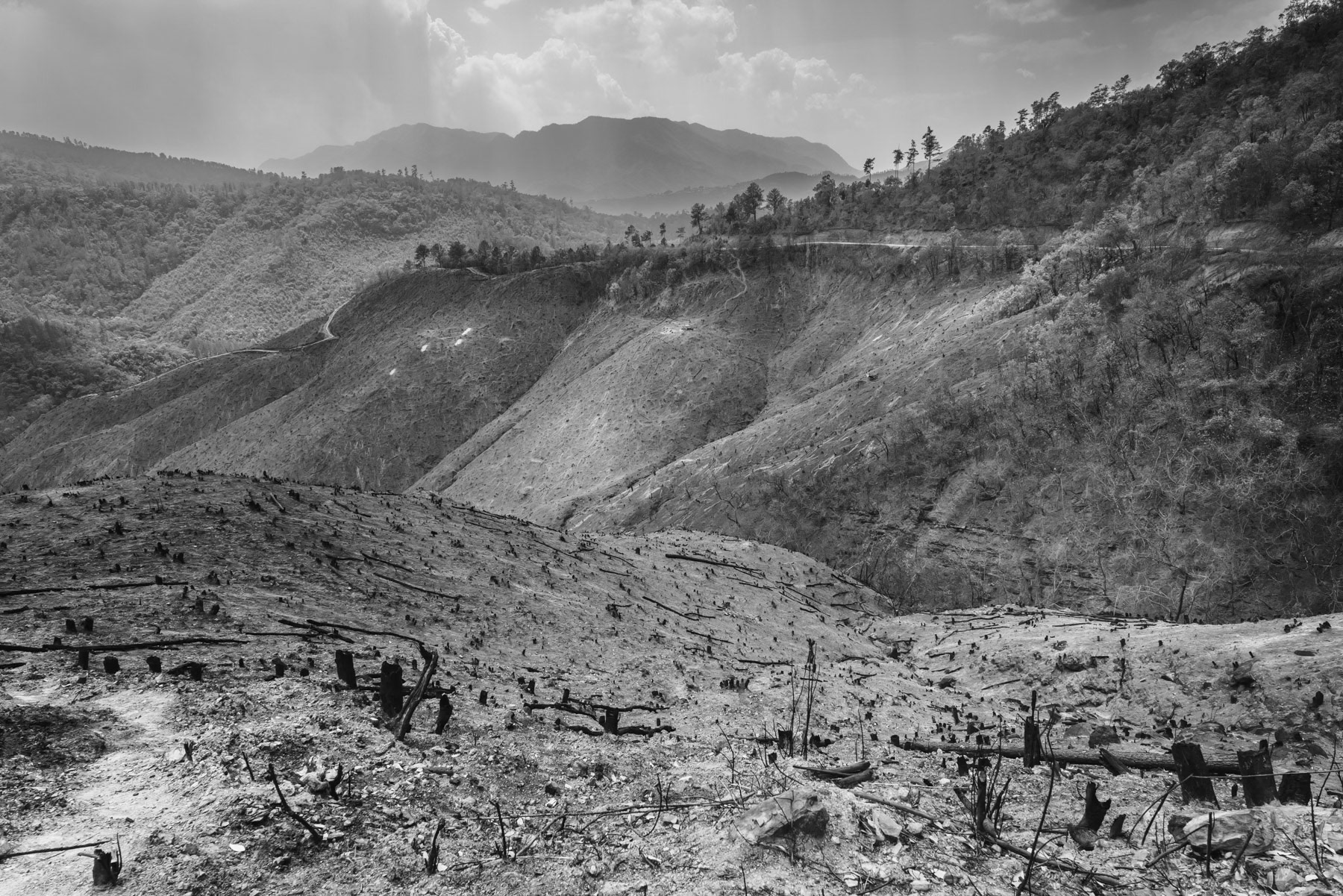 Land clearing for agriculture, causing frequent landslides and dust storms. Thantlang township, Chin State, Myanmar, April 2024