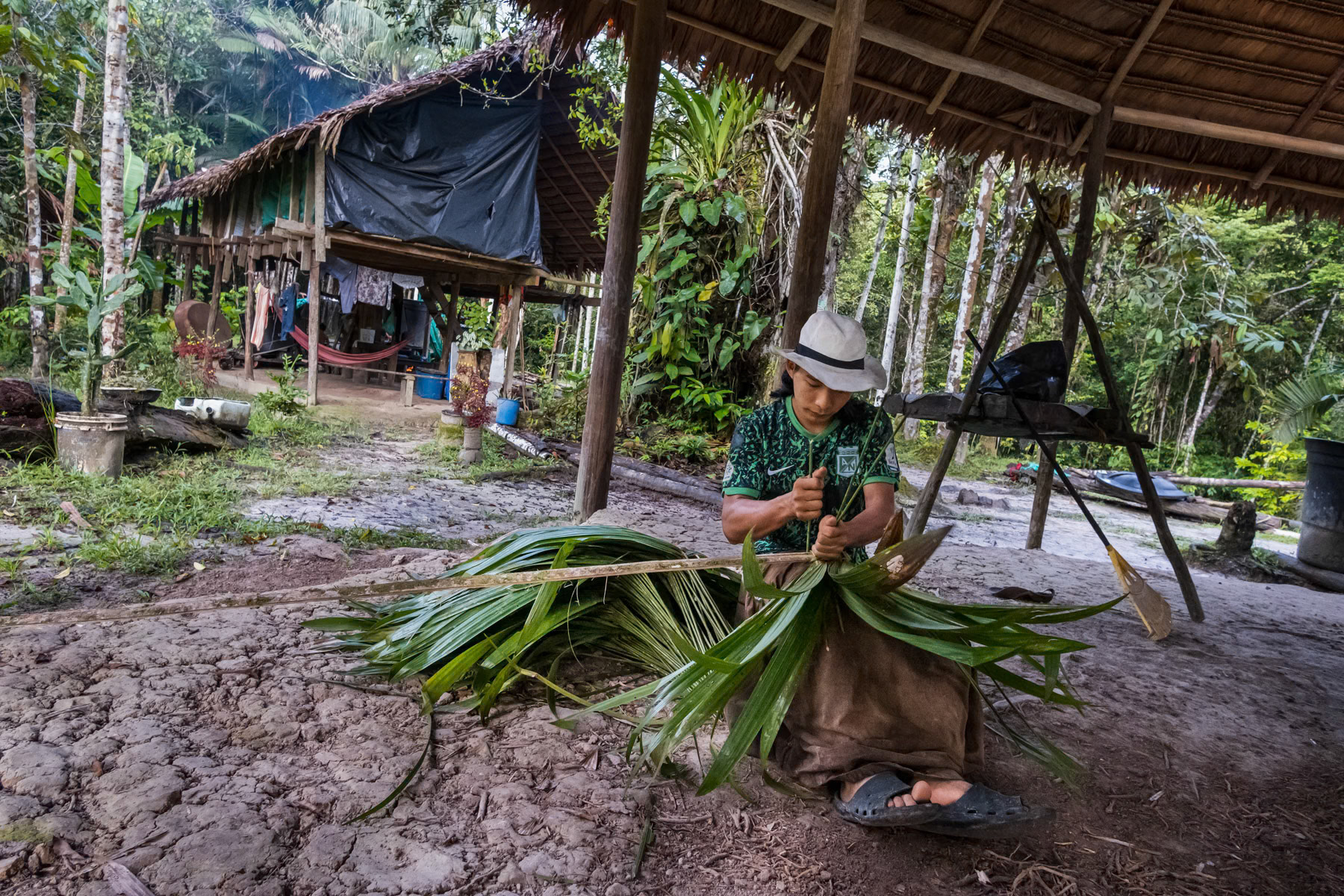 Weaving leaves that will be used as roofing for the dwellings. Indigenous protected land of Pocama near Leticia in southern Colombia, April 2022