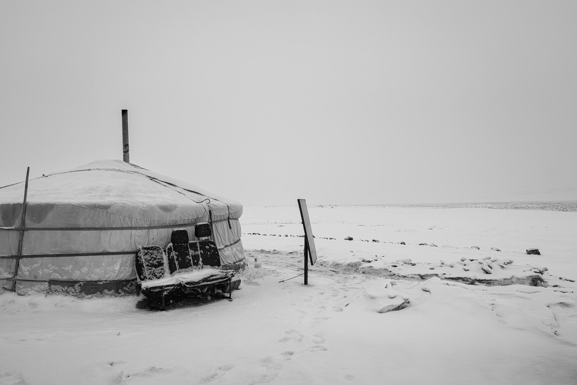 A traditional Mongolian Ger reinforced against the high winds of the Gobi. Gobi desert, Mongolia, December 2025