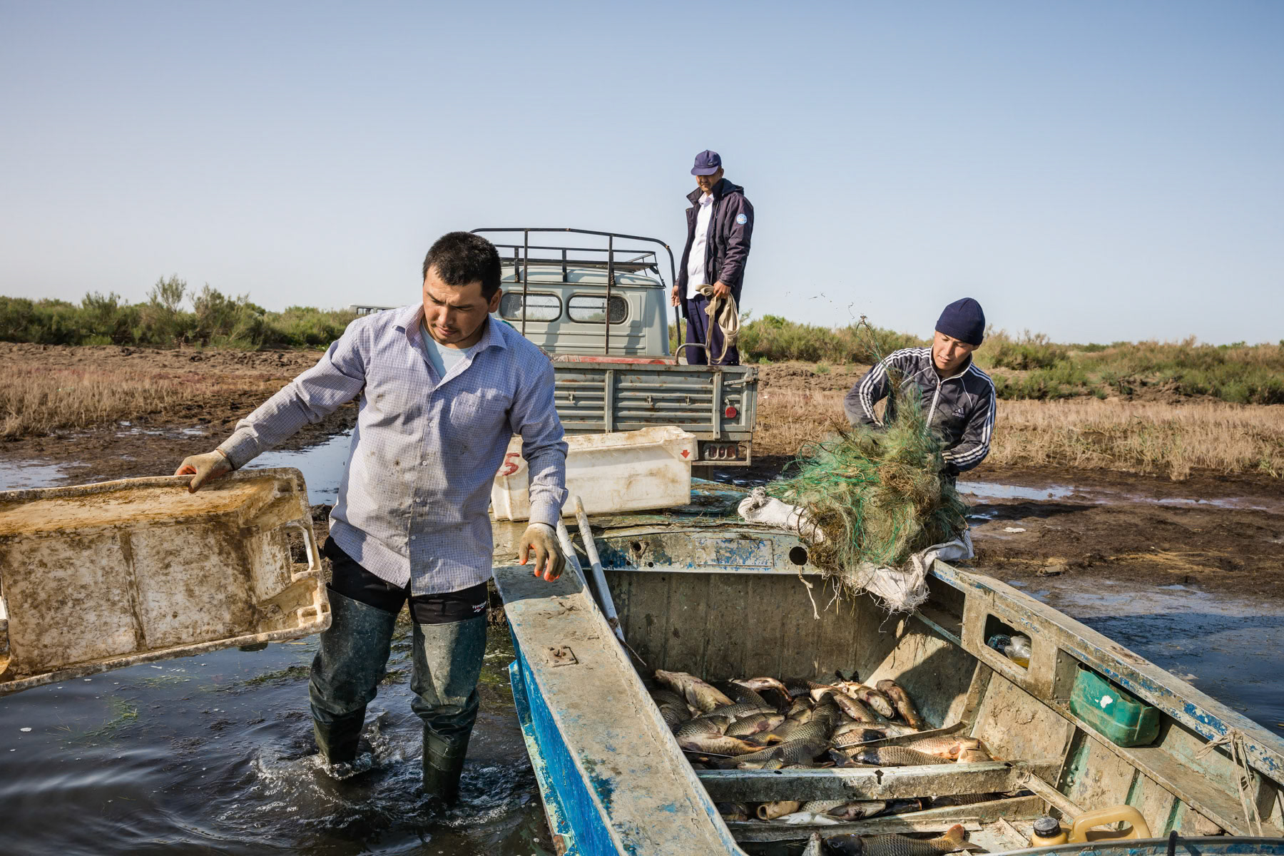 The catch of the day. One kg of fish is sold by the fishermen for $1,5 and will be consequently sold in the town of Aralsk for 3 times this price. Aral Sea, Kazakhstan, June 2019