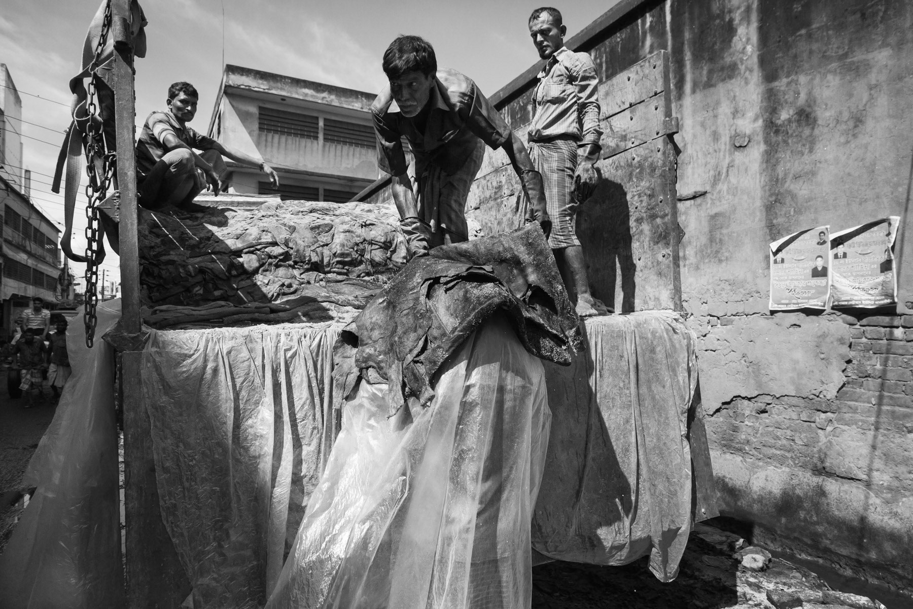 Unloading raw skins at the tannery, Hazaribagh, Bangladesh, October 2014