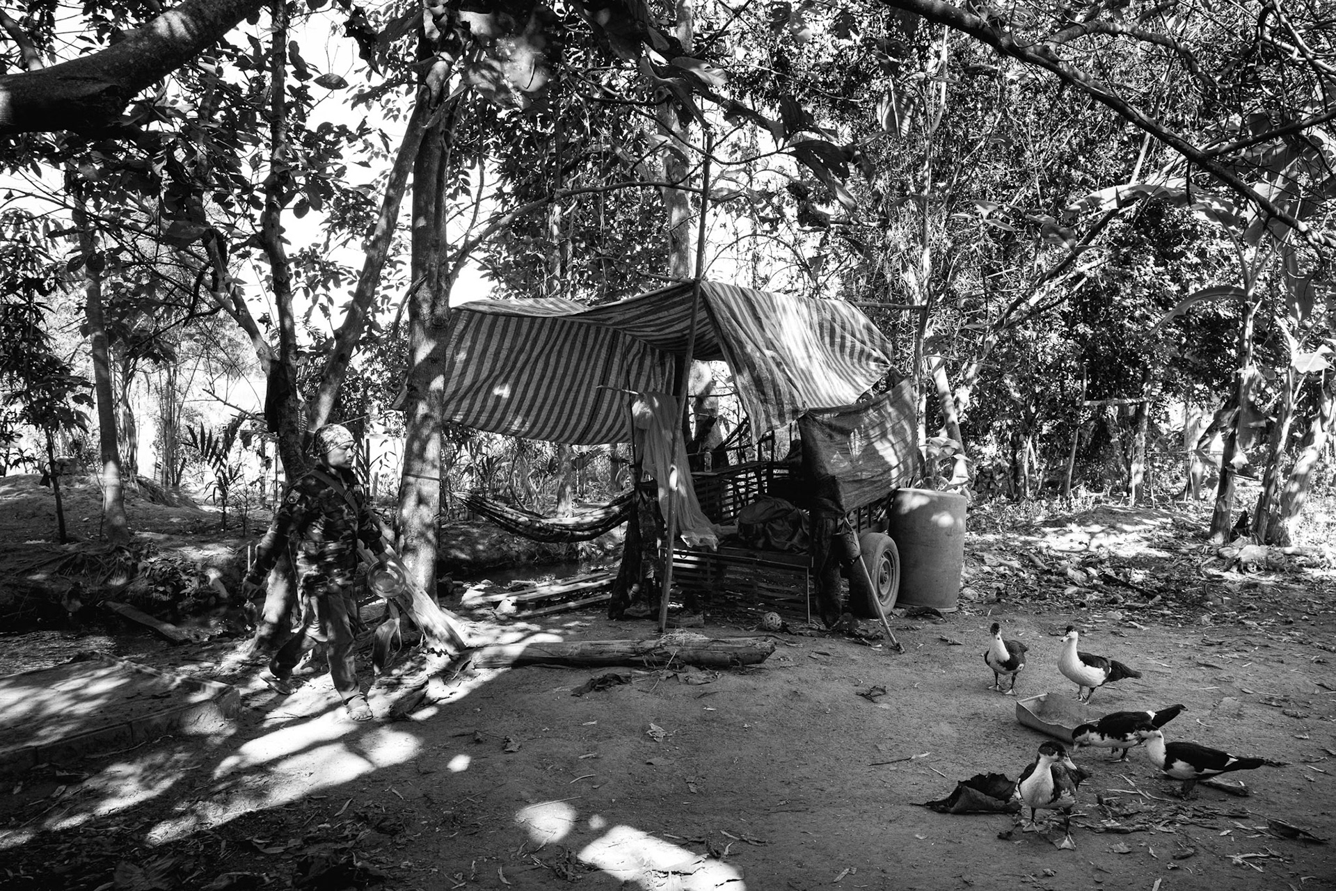 A makeshift shelter at the Wale frontline blends into the foliage. These small, decentralized camps are the KNLA's primary defense against the technologically superior but geographically restricted Myanmar military forces. Kayin State, Myanmar, January 2026