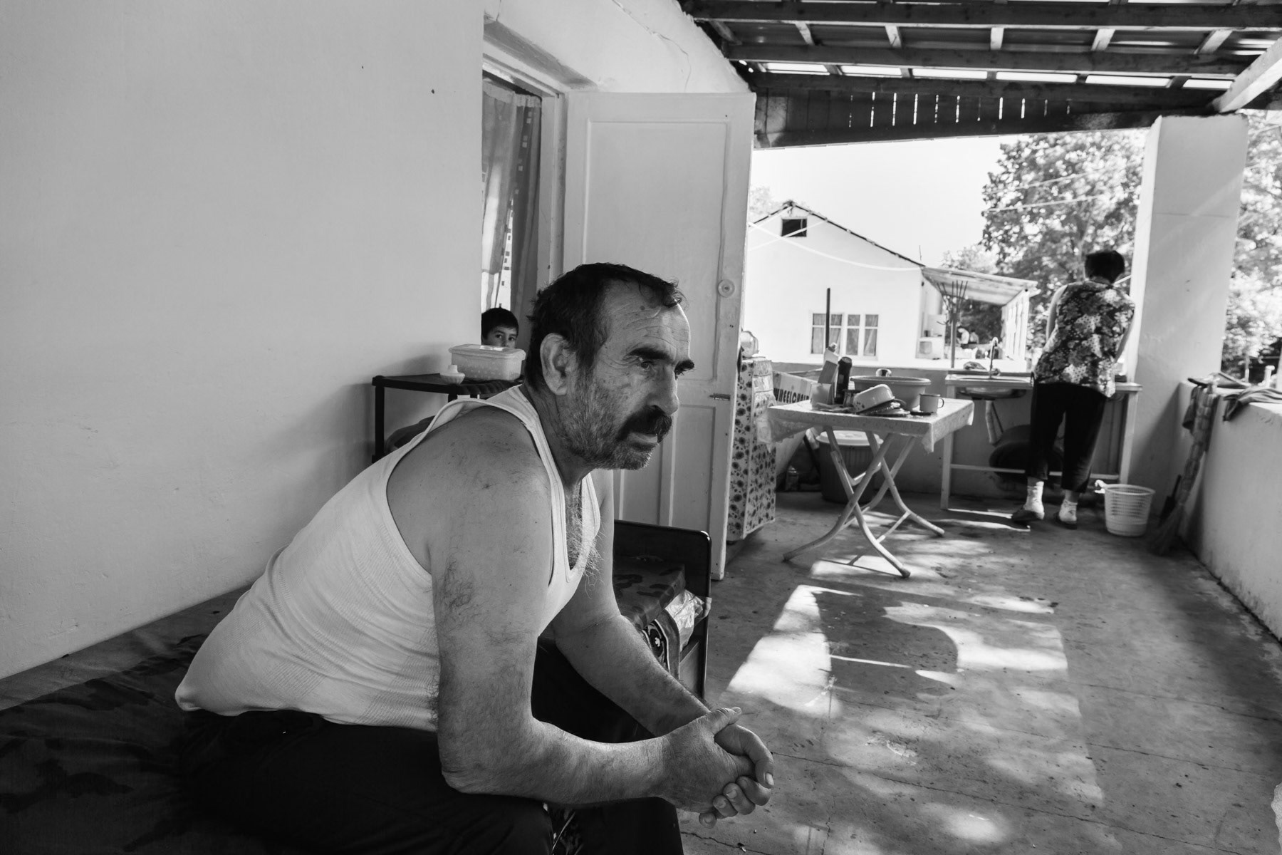 56 years old Vahram from Talish village, internally displaced person for a second time from the same place, the first time in 1991 and the second recently in April 2016. Temporary camp for IDPs from Talish in Drmbon, Nagorno-Karabakh, August 2016
