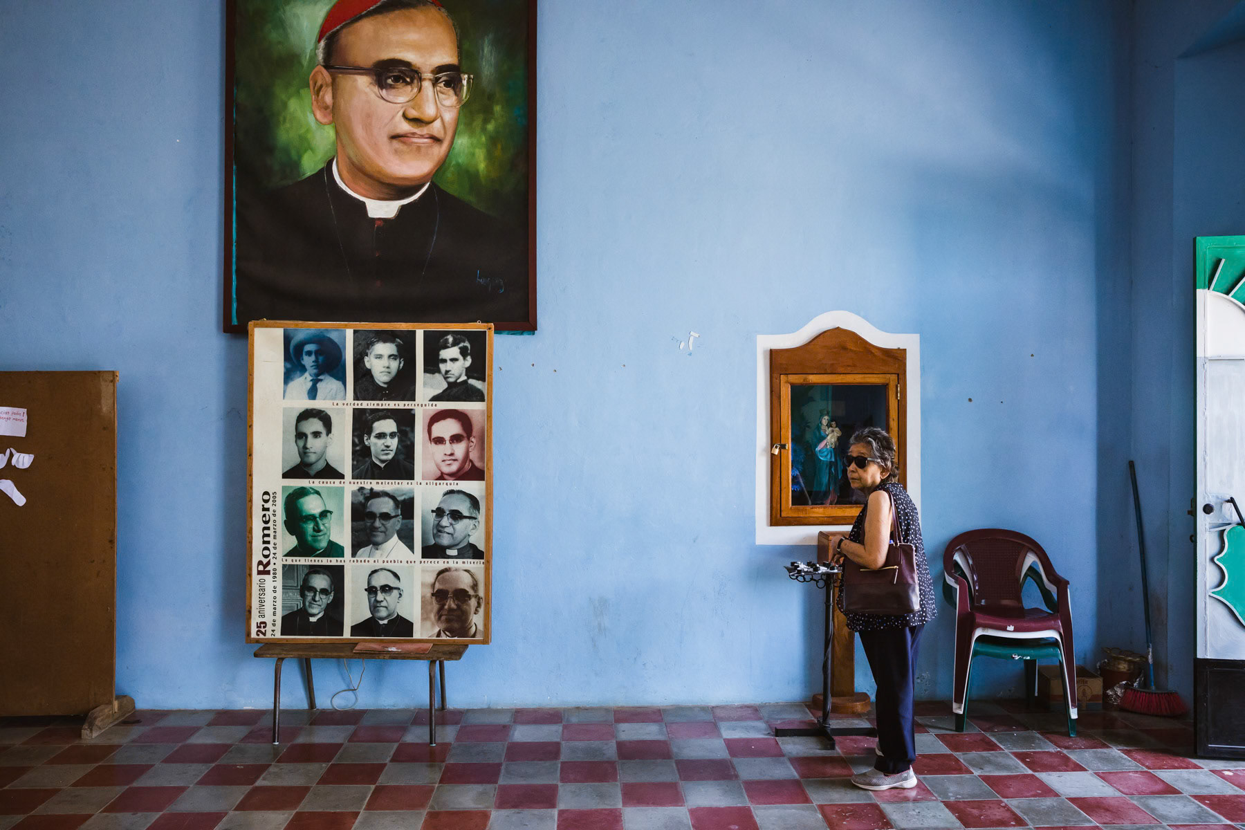 Portrait of Archbishop Oscar Romero, an outspoken defender of human rights and critic of assasinations and torture amid a growing conflict between left-wing groups and right wing government forces. He was murdered by extreme right-wing dead squads during mass celebration in March 1980. Church of Arcatao in Chalatenango, El Salvador, April 2019