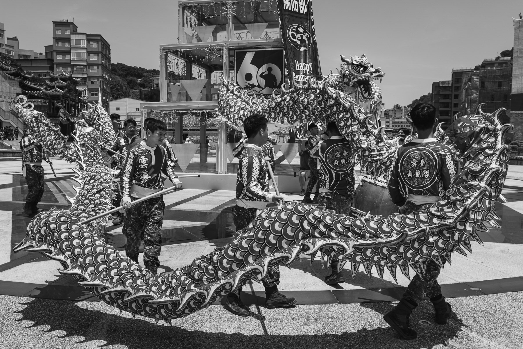 Traditional folklore and a magnificent dragon weave through a parade showcasing the military preparedness of the Matsu Unit, celebrating its 60th birthday. Nangan, Taiwan, May 2025