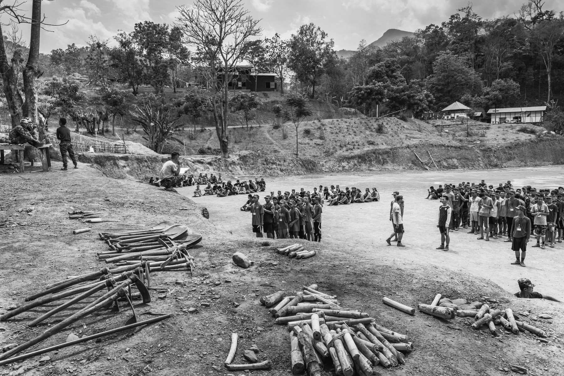 Chin National Army (CNA) recruits starting their training before they will integrate their units. CNA HQ Camp Victoria, Chin State, Myanmar, April 2024